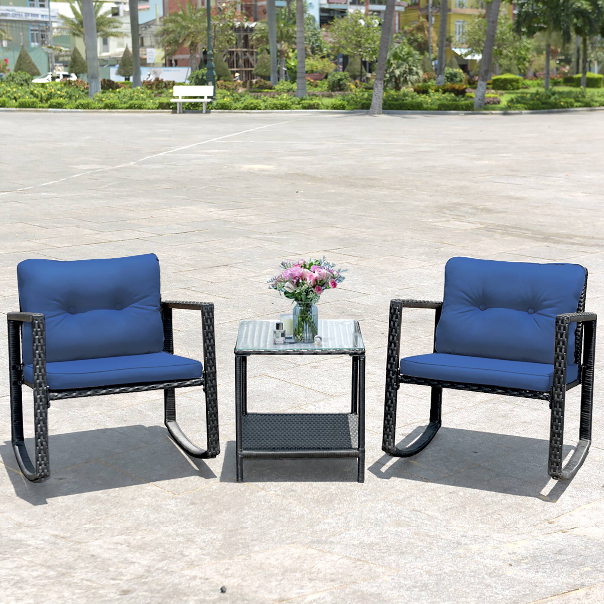 Alt View 1. Costway - 3PCS Patio Rattan Furniture Set Rocking Chairs Cushioned Sofa - Navy.