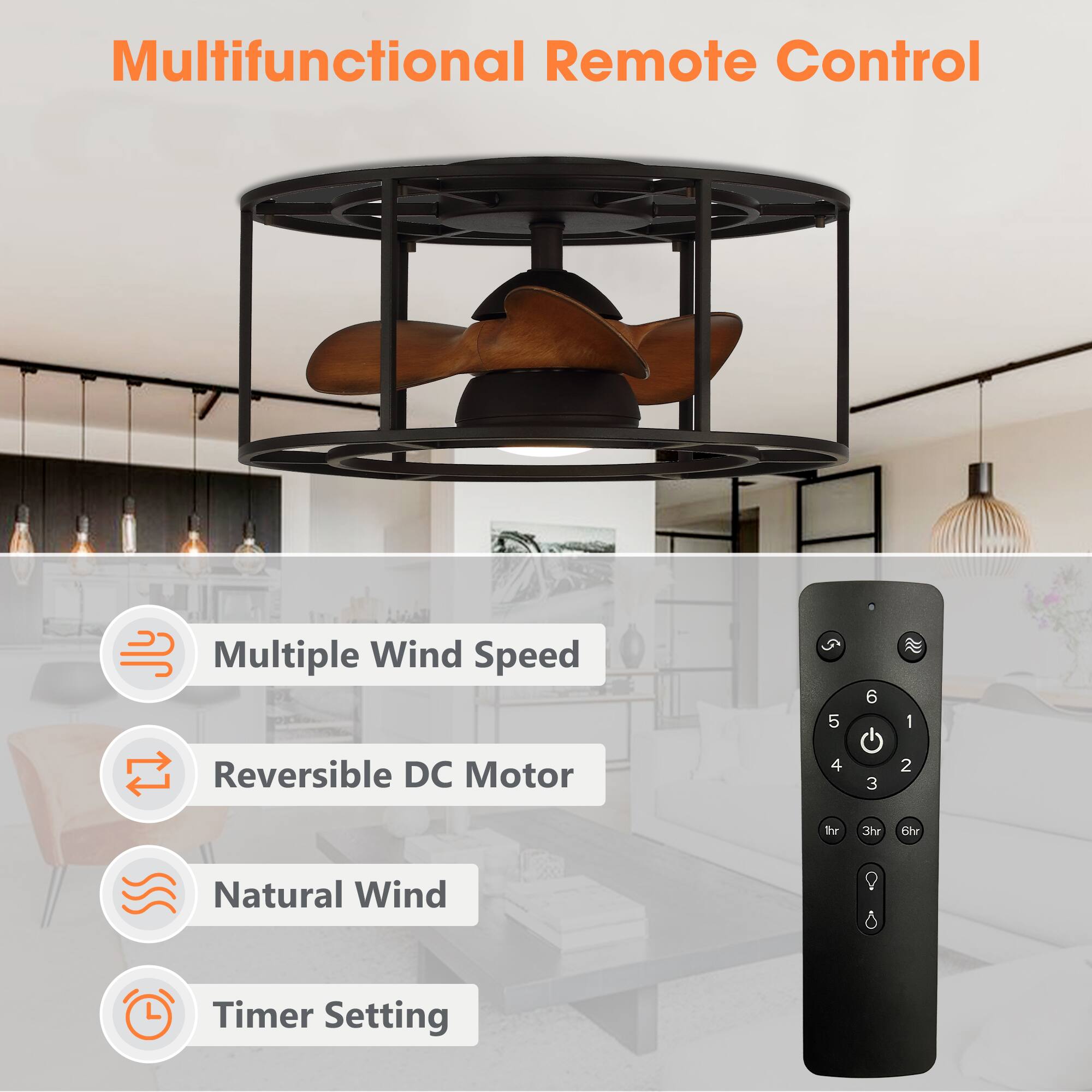 Multifunctional Remote Control

- Multiple Wind Speed
- Reversible DC Motor
- Natural Wind
- Timer Setting