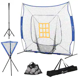 Soozier - Baseball Practice Net Set with 7.5x7ft Catcher Net, Ball Caddy and Batting Tee, Portable Pitching Net with Carry Bag - Blue