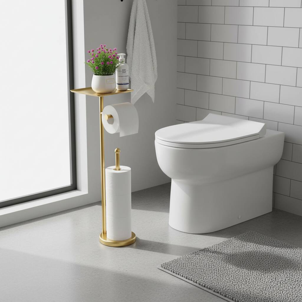 Alt View 1. Dazzed Corner - Freestanding Toilet Paper Holder Stand,4 Extra Rolls - Gold.