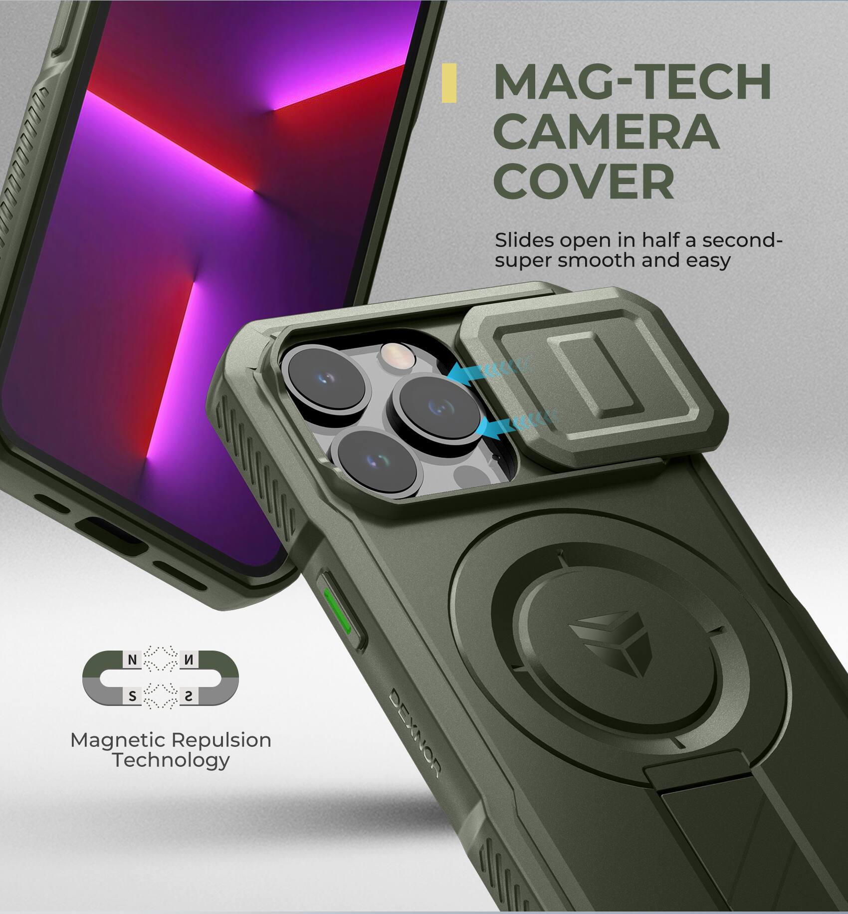 MAG-TECH CAMERA COVER  
Slides open in half a second- super smooth and easy  

Magnetic Repulsion Technology