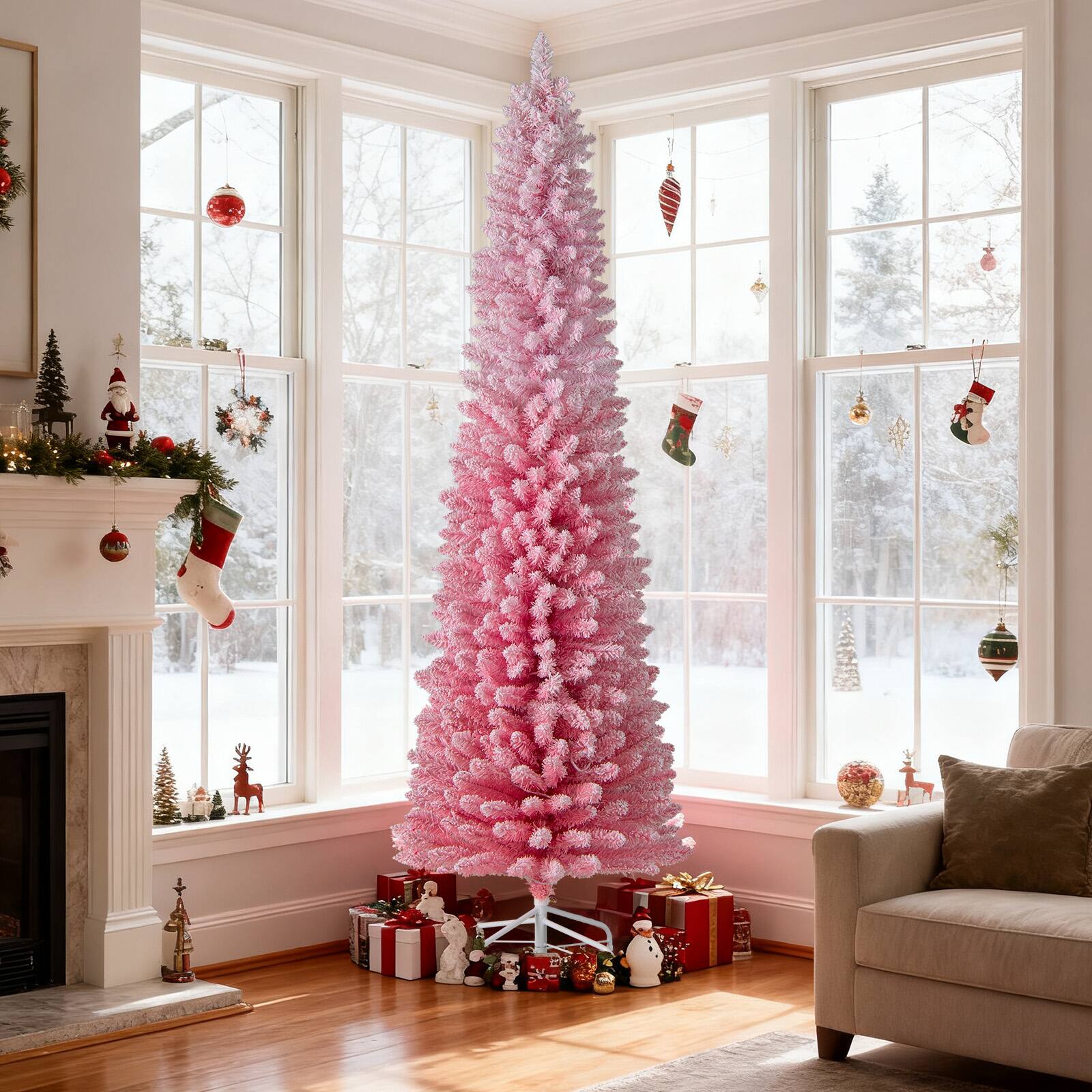 Alt View 3. Costway - Costway 7 FT Snow-flocked Artificial Pink Christmas Tree with 180 Lights & 527 Branch Tips - Pink.