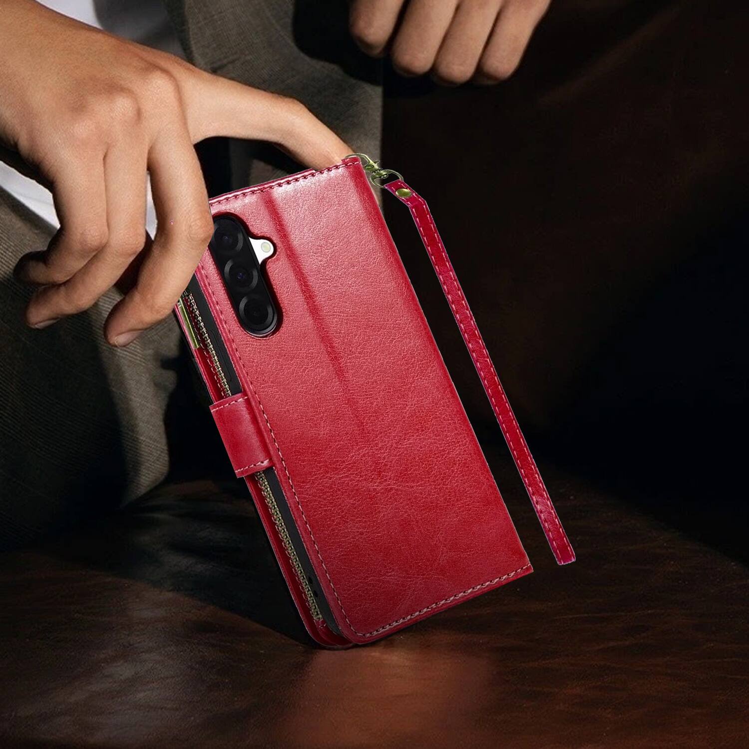 Alt View 5. Equipd - Phone Case for Samsung Galaxy A17 5G, Luxury Wallet Card ID Zipper Money Holder Cover (Red) - Red.