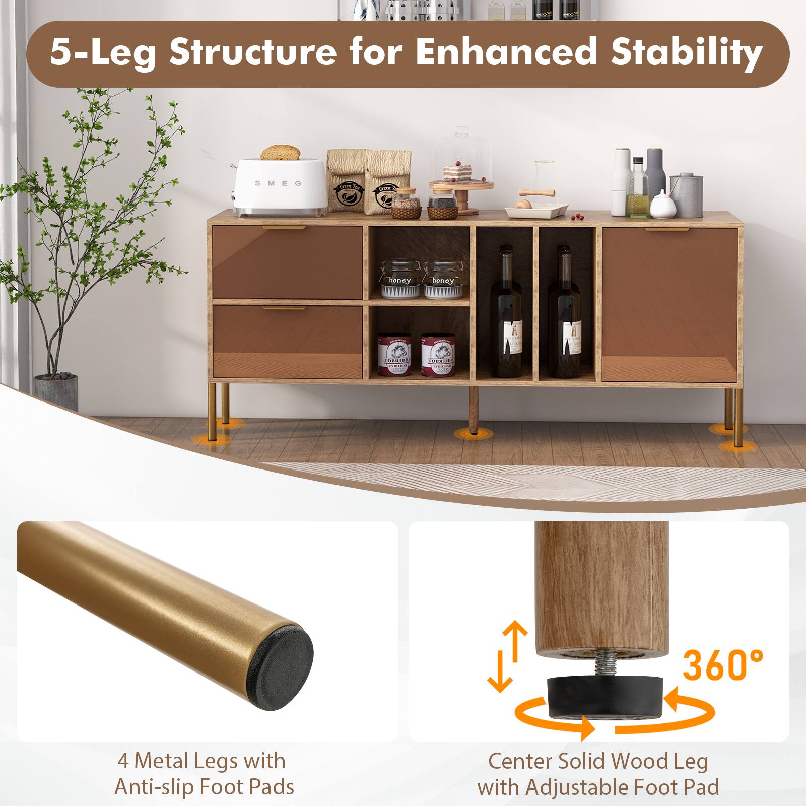 5-Leg Structure for Enhanced Stability, 4 Metal Legs with Anti-slip Foot Pads, Center Solid Wood Leg with Adjustable Foot Pad