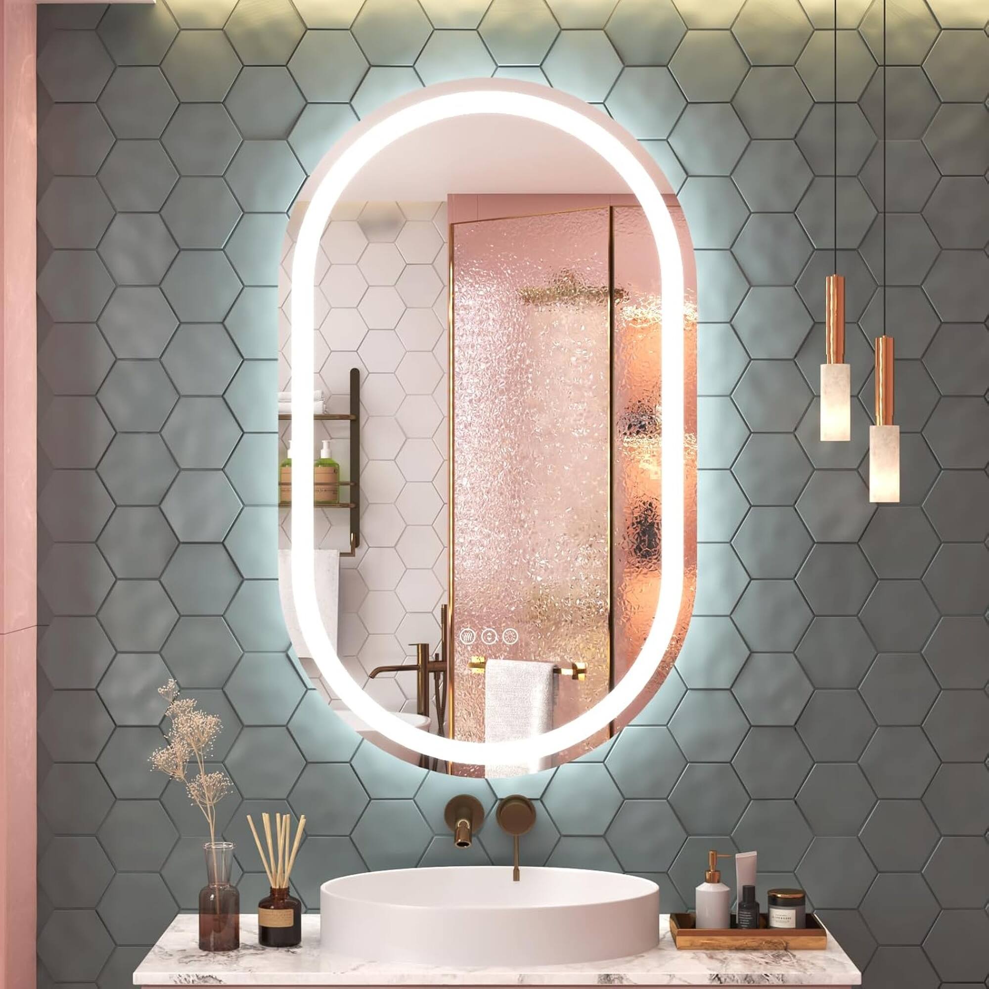 Alt View 2. Boyel Living - 48 x 30 in Track-Shaped Aluminum Frame Anti-Distortion Easy Installation Mirror with Front Light.