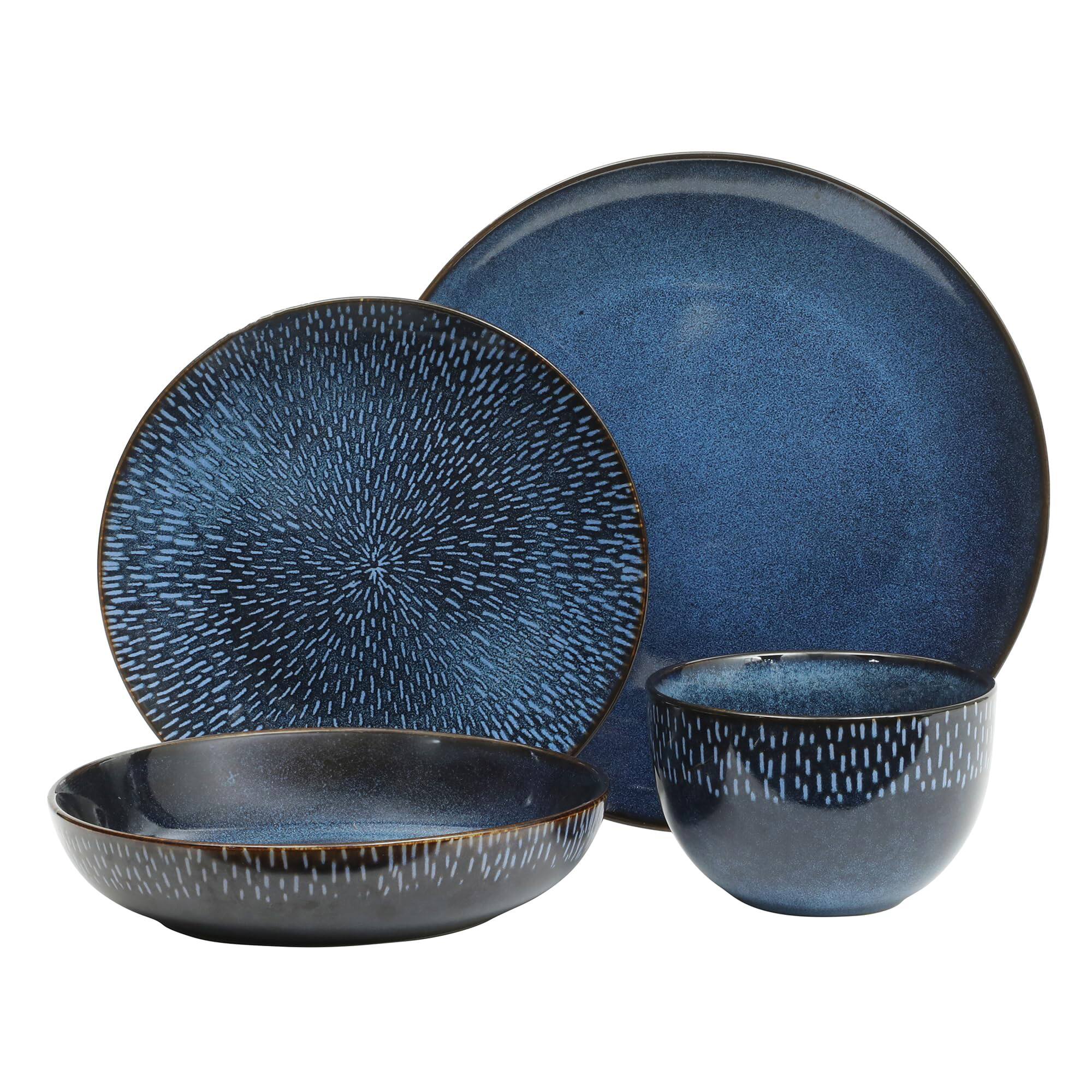 Left. Dazzed Corner - 16 Piece Double Bowl Dinnerware Set, Service for 4 (16pcs) - Cobalt Blue.