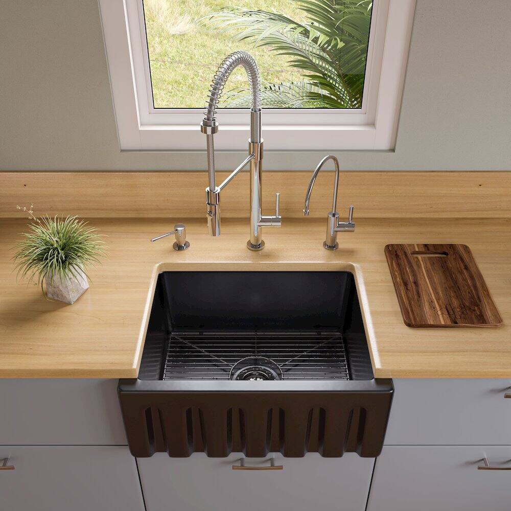 Alt View 6. Alfi - ALFI brand 24 Black Gloss Reversible Smooth / Fluted Single Bowl Fireclay Farm Sink - Black Gloss.