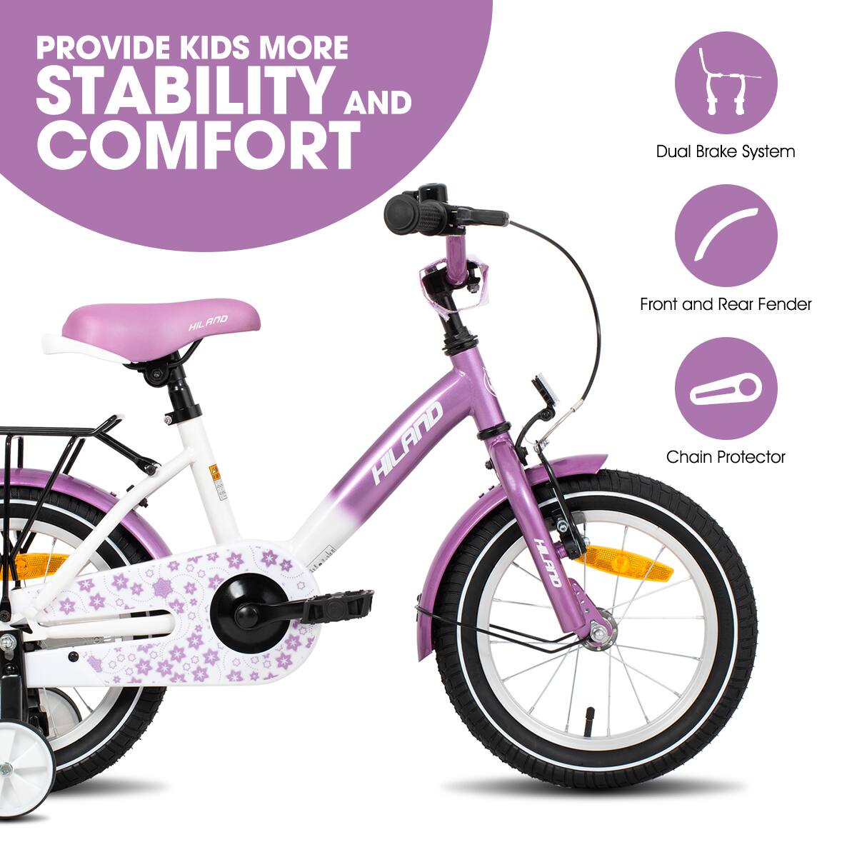 PROVIDE KIDS MORE STABILITY AND COMFORT

- Dual Brake System
- Front and Rear Fender
- Chain Protector