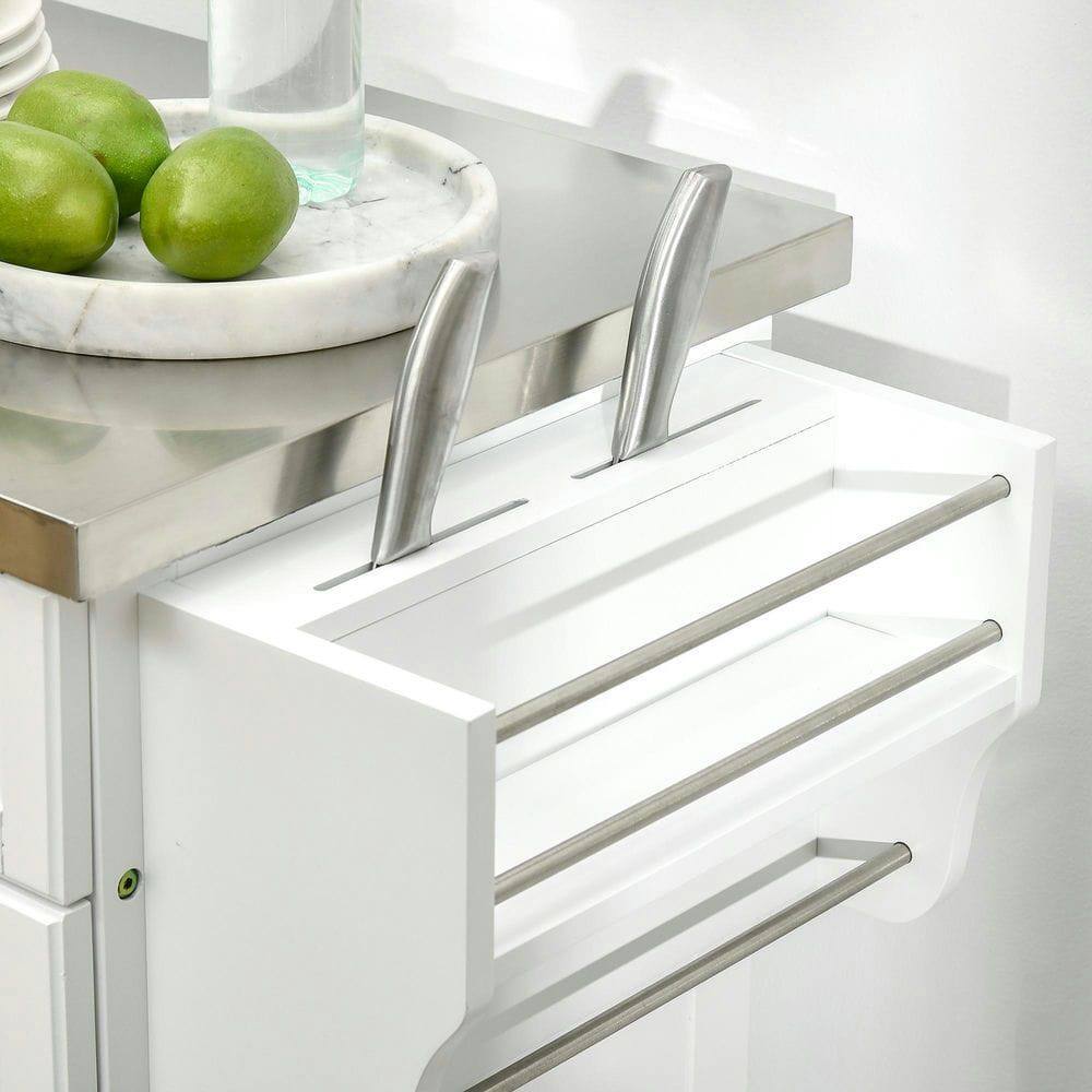 Angle. Kadyn - Rolling Kitchen Utility Cart with Stainless Top, Drawer, and Racks, White - White.