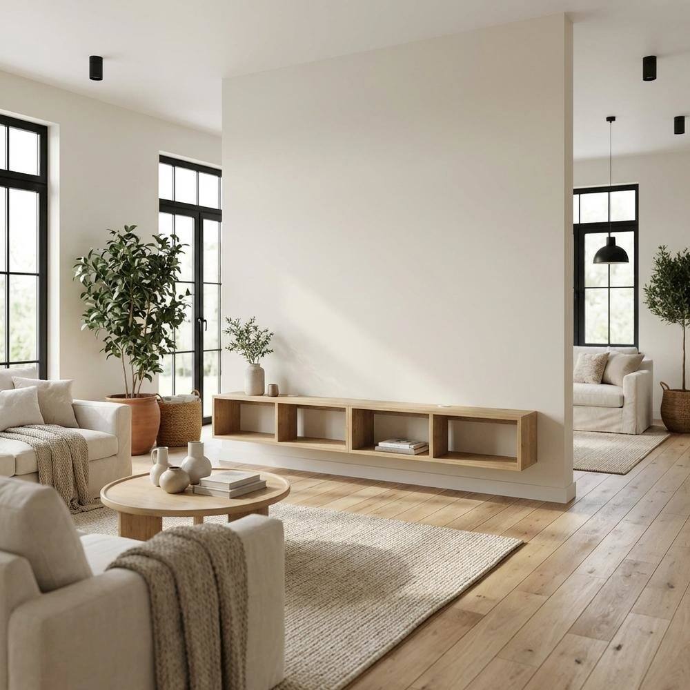 Alt View 2. FurniFact - Oak floating TV shelf, modern wall-mounted design, sleek entertainment setup - Beige.