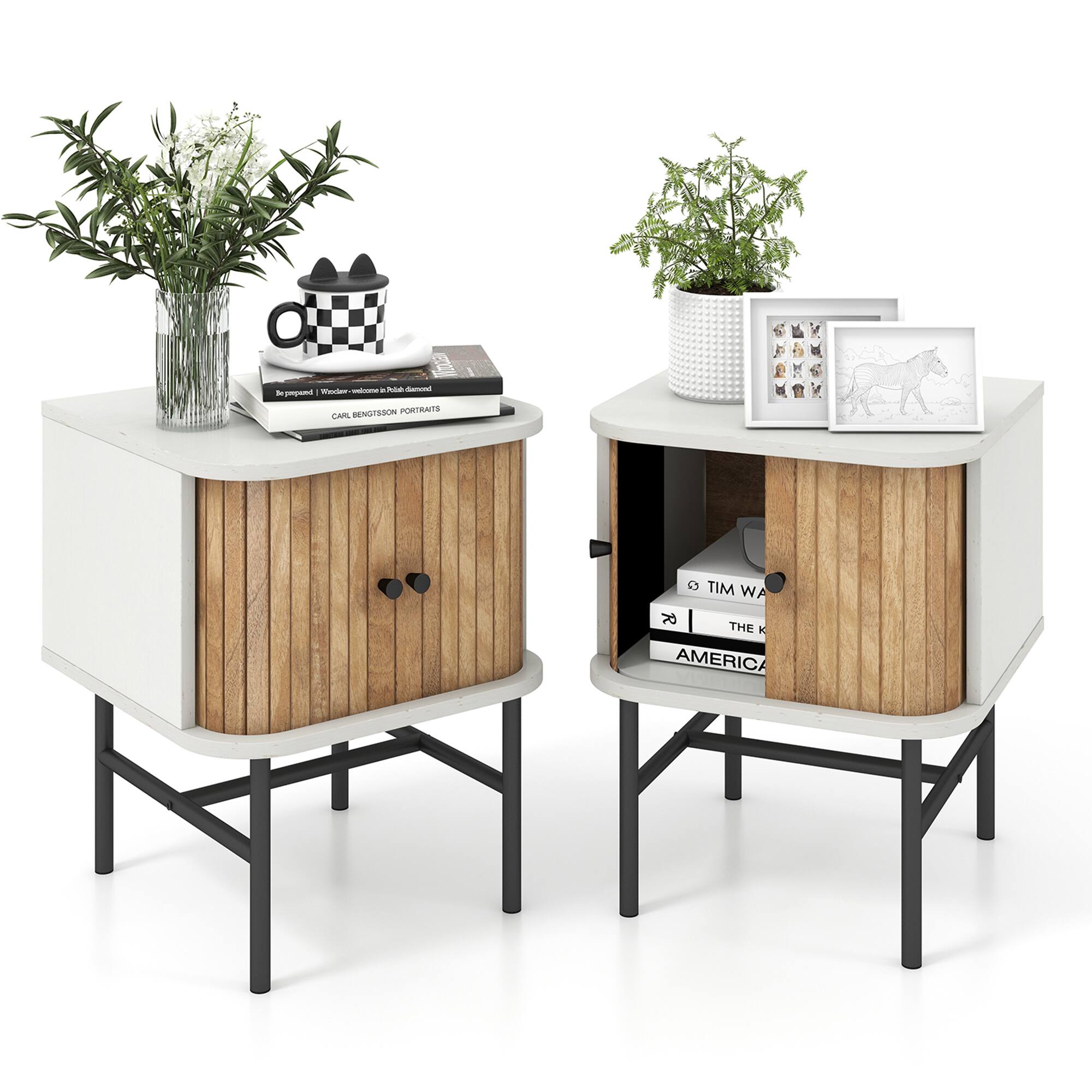Costway - Set of 2 Nightstand Compact Modern End Side Table with Sliding Doors - Distressed White