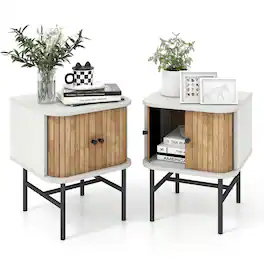 Costway - Set of 2 Nightstand Compact Modern End Side Table with Sliding Doors - Distressed White