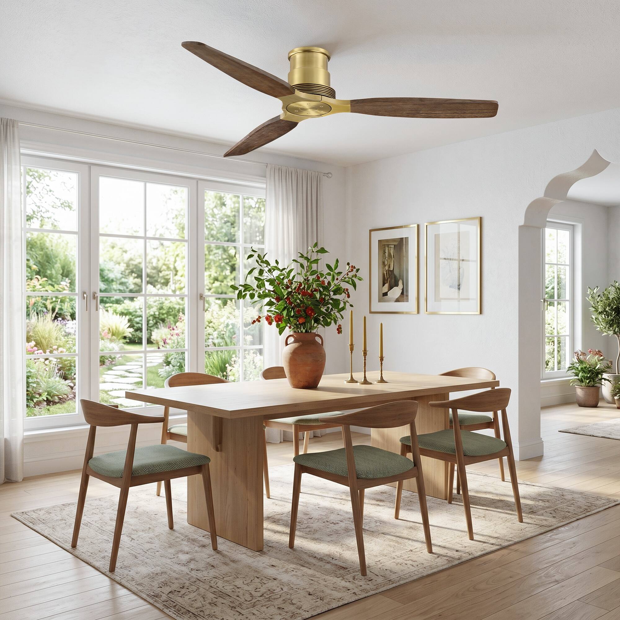 Left. Parrot Uncle - 56" Mid Centry 3 Solid Wood Blades Flush Mount Lightweight Ceiling Fan with Remote, No Light - Vintage Brass.
