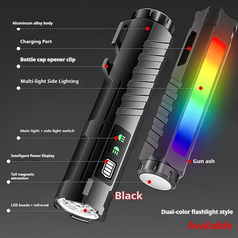 - Aluminum alloy body
- Charging Port
- Bottle cap opener clip
- Multi-light Side Lighting
- Main light + side light switch
- Intelligent Power Display
- Tail magnetic attraction
- LED beads + infrared
- Gun ash
- Black
- Dual-color flashlight style
- Available