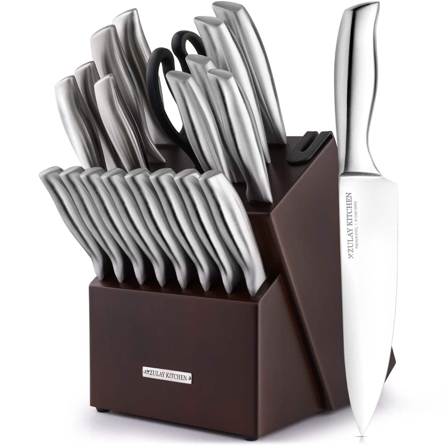 Zulay Kitchen - 20 Piece Stainless Steel Knife Set with Block and Sharpener - Dark Brown