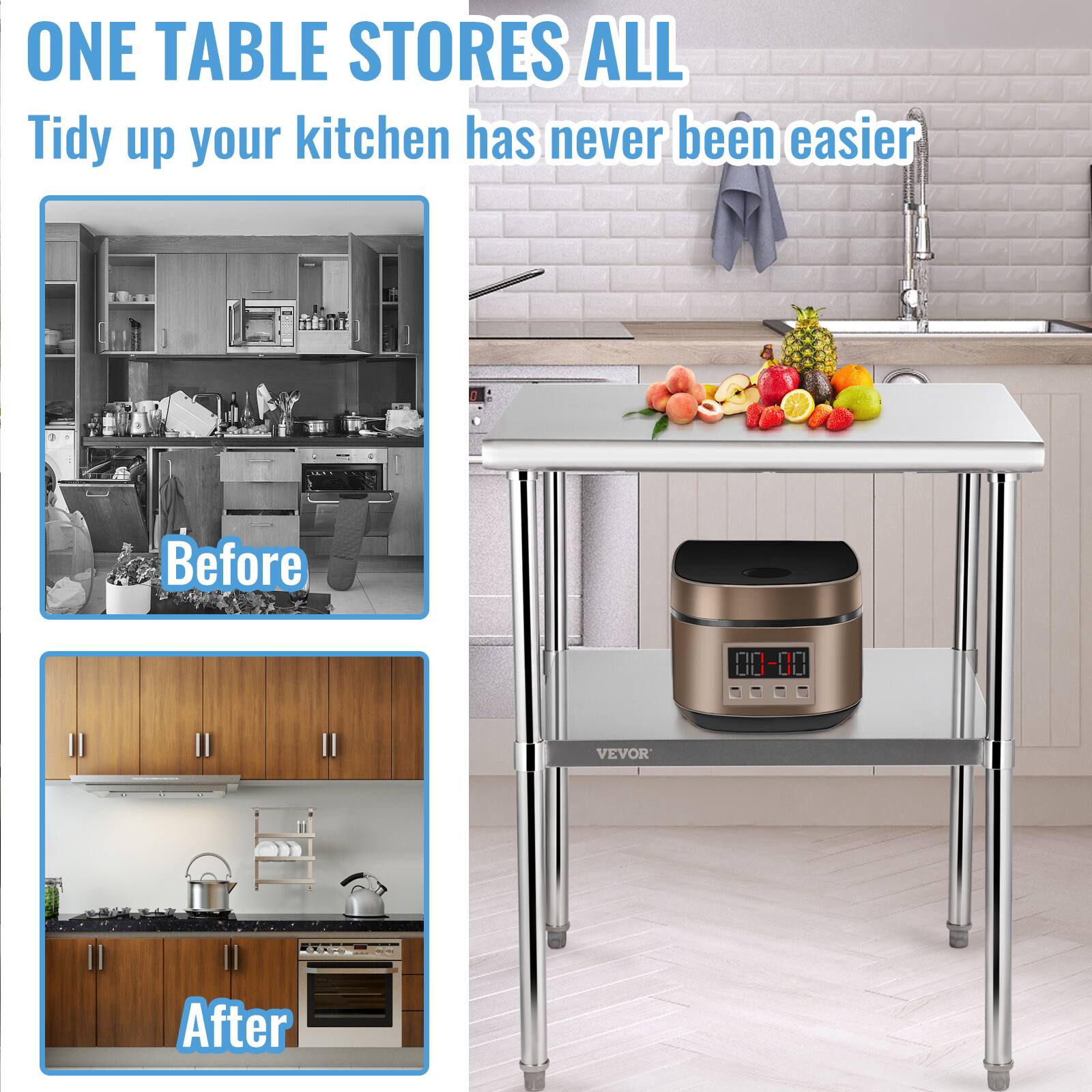 ONE TABLE STORES ALL  
Tidy up your kitchen has never been easier  

Before  

After