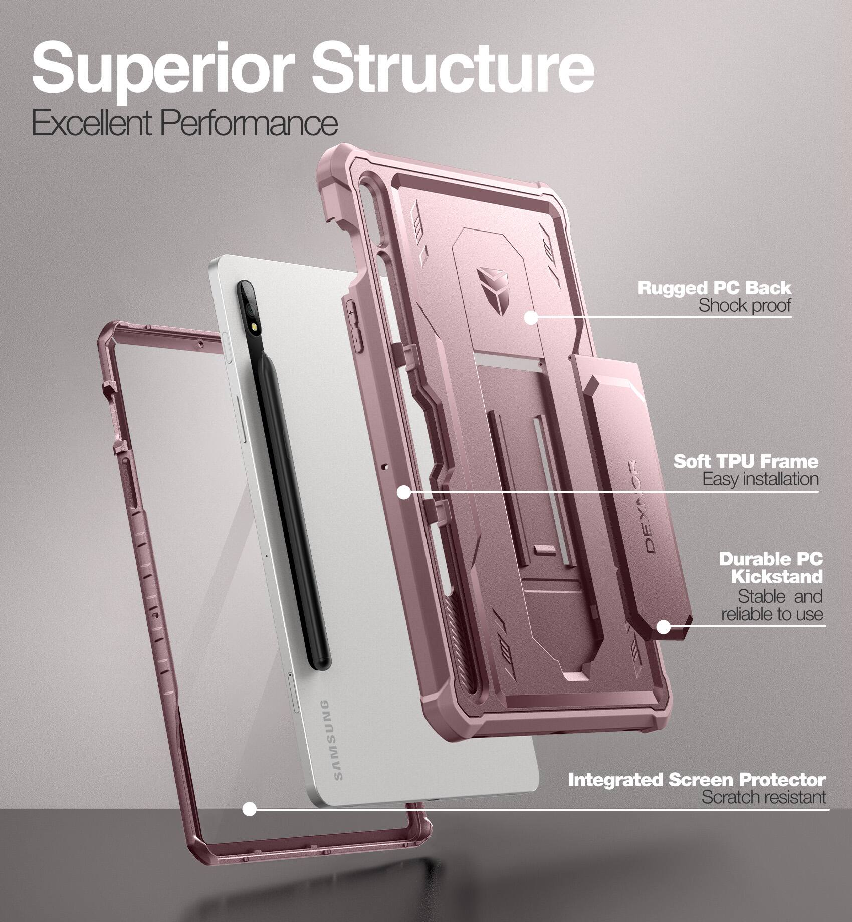 Superior Structure  
Excellent Performance

- Rugged PC Back  
  Shock proof

- Soft TPU Frame  
  Easy installation

- Durable PC Kickstand  
  Stable and reliable to use

- Integrated Screen Protector  
  Scratch resistant