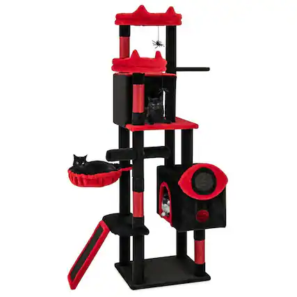 Front. Kadyn - Large Gothic Cat Tree with Enclosed Condos and Plush Perches, Black & Red - Black.