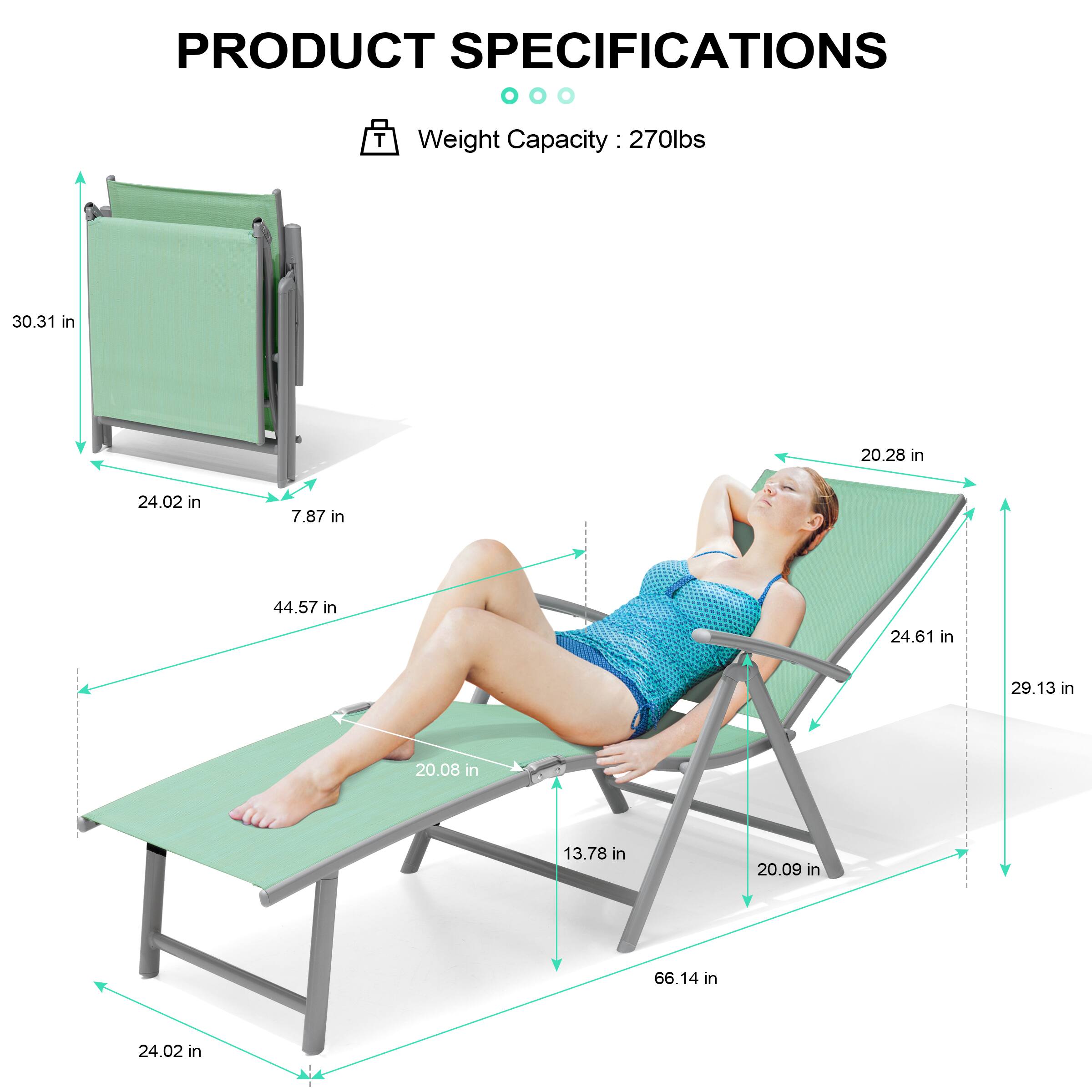 PRODUCT SPECIFICATIONS

Weight Capacity: 270lbs

- 30.31 in
- 24.02 in
- 7.87 in
- 44.57 in
- 20.08 in
- 13.78 in
- 20.09 in
- 66.14 in
- 24.02 in
- 20.28 in
- 24.61 in
- 29.13 in