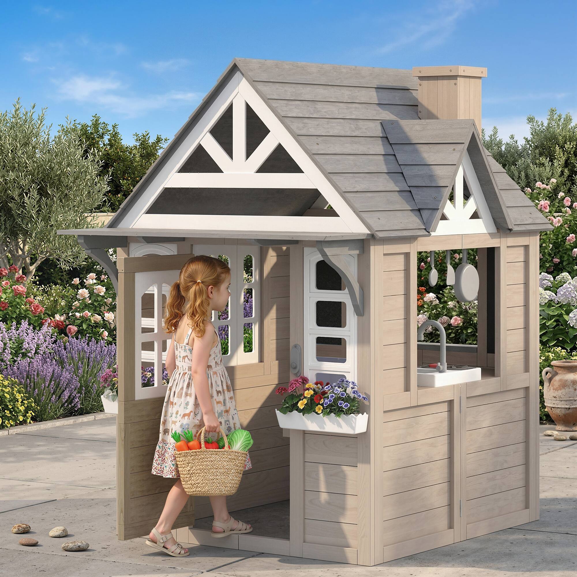 Alt View 1. Qaba - Playhouse, Wooden Kids Playhouse with Dog Door, Cookware, Planter Box, Bell, Blackboard - Gray.
