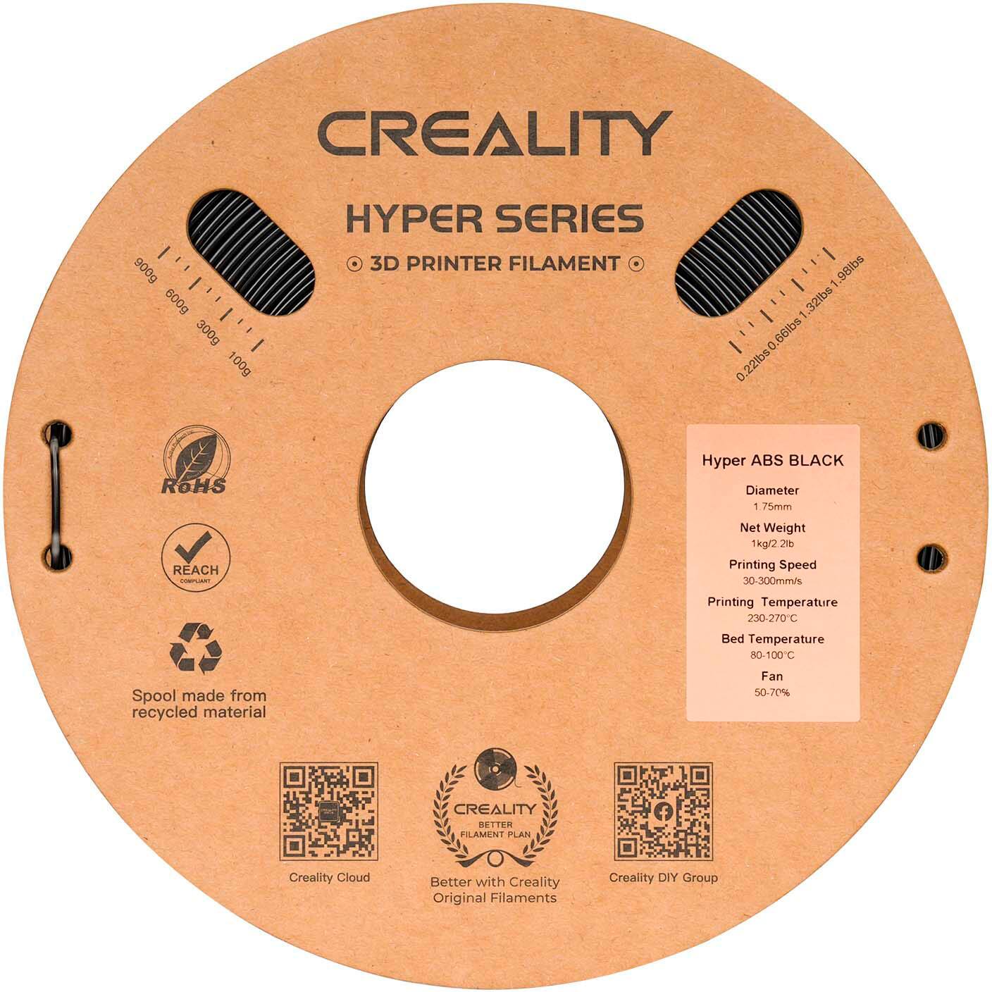 Creality Hyper Series 3D Printer Filament 32lbs - 1kg 900g - 600g - 300g - 100g 98lbs - 1I'I 32lbs ROHS Hyper ABS BLACK 30-300mm/s 230-270C 80-100C 75mm Recycled material 50-70% Creality Cloud Better with Creality Original Filaments Creality DIY Group