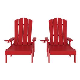 Emma + Oliver - Stockton Set of 2 Recycled HDPE Adjustable Adirondack Loungers with Fold Out Cupholders for Indoor/Outdoor Use - Red