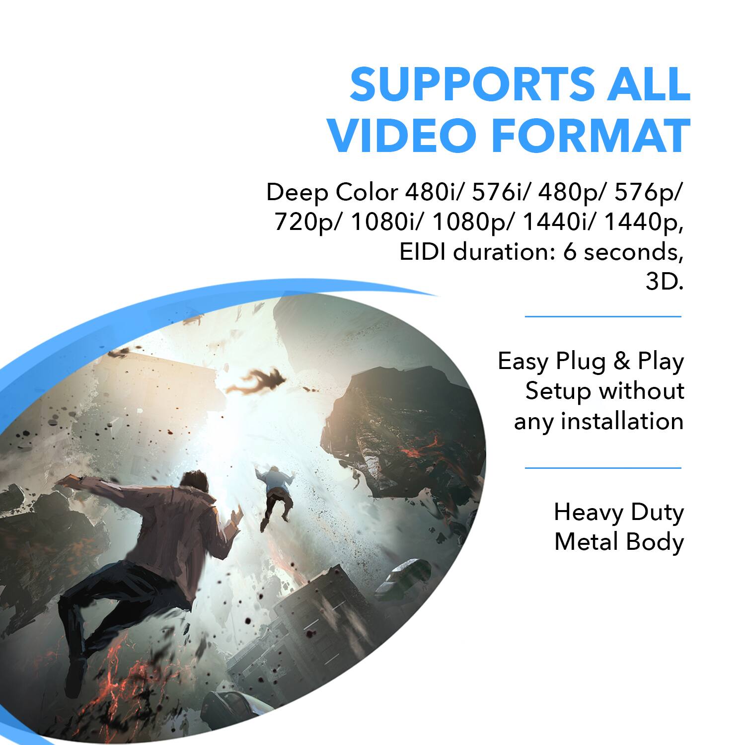 SUPPORTS ALL VIDEO FORMAT
Deep Color 480i/ 576i/ 480p/ 576p/ 720p/ 1080i/ 1080p/ 1440i/ 1440p, EIDI duration: 6 seconds, 3D.
Easy Plug & Play Setup without any installation
Heavy Duty Metal Body