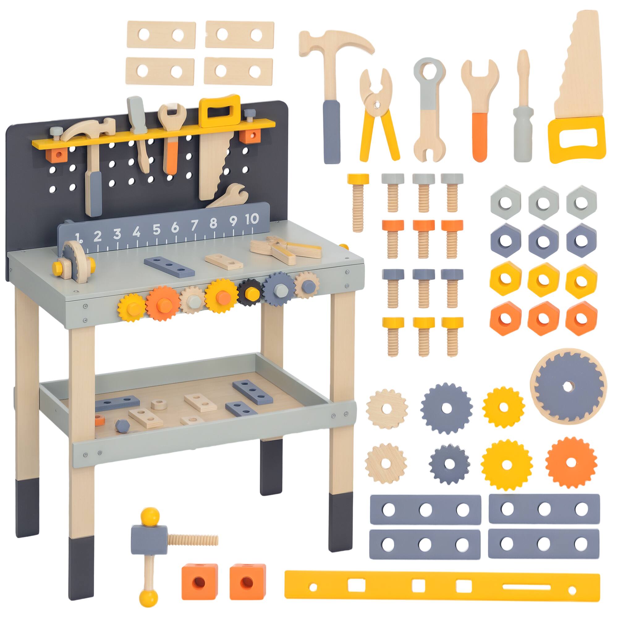 Front. Qaba - Kids Wooden Tool Bench, 49 Piece Kids Workbench Playset, Pretend Play Construction Tool Set, Toddlers 3-6 Years.