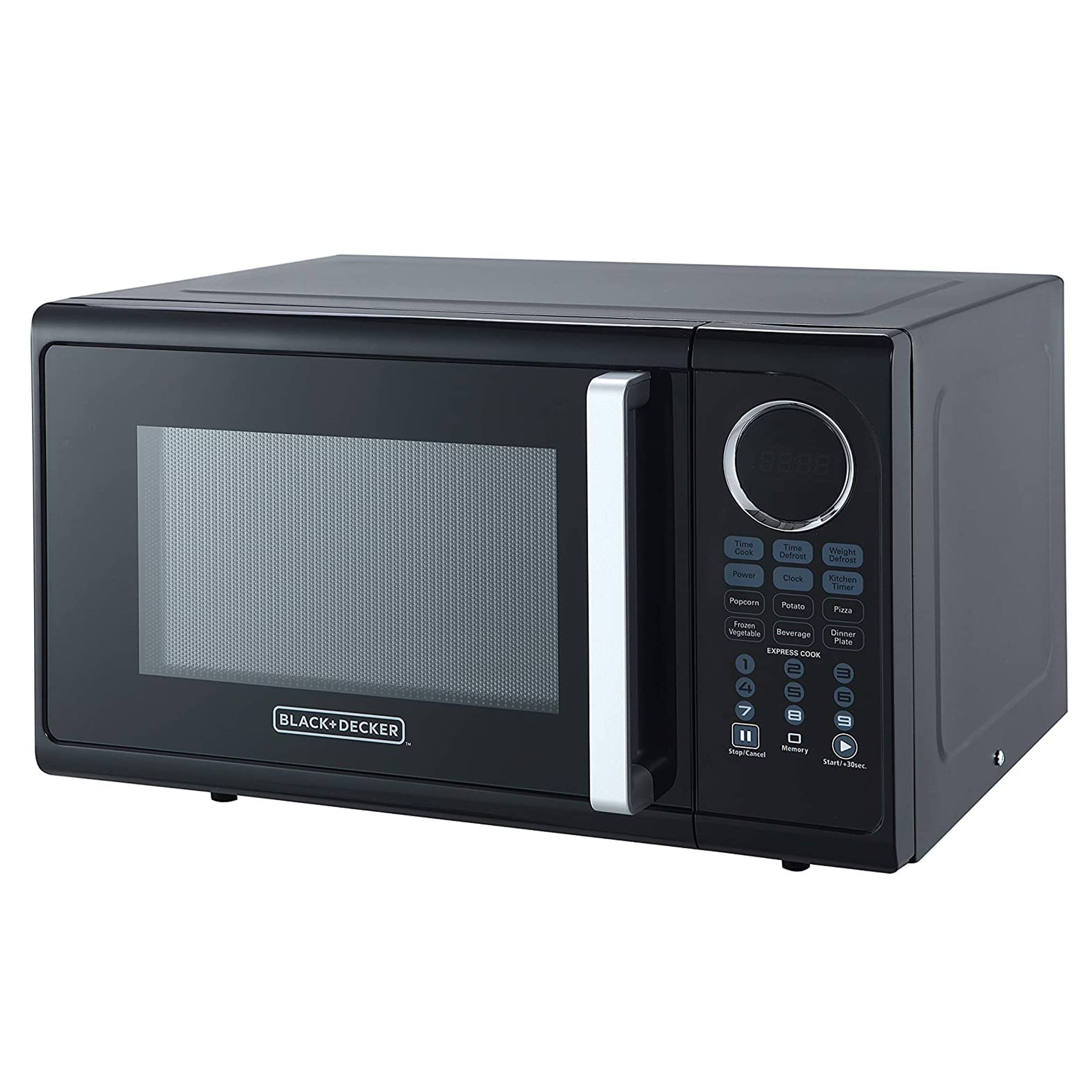 Cook, Defrost, Microwave, Potato, Clock, Chicken, Popcorn, Frozen, Vegetable, Beverage, Pizza, Express Cook, 1, 2, 3, 4, 5, 6, 7, 8, 9, 0, Memory, Start/Pause, Black+Decker