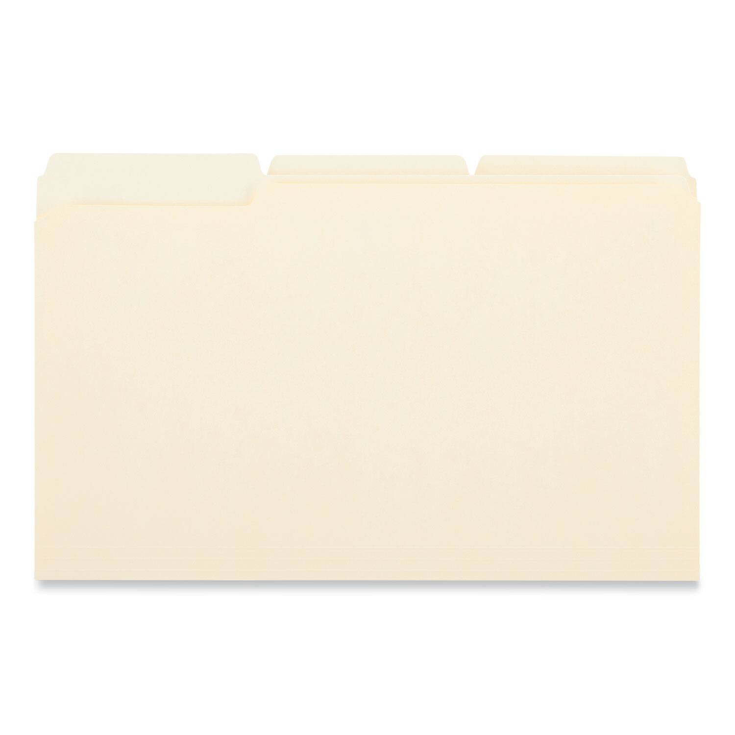 Left. Universal - Double-Ply Top Tab Manila File Folders, 1/3-Cut Tabs: Assorted, Legal Size, 0.75" Expansion, Manila, 100/Box.