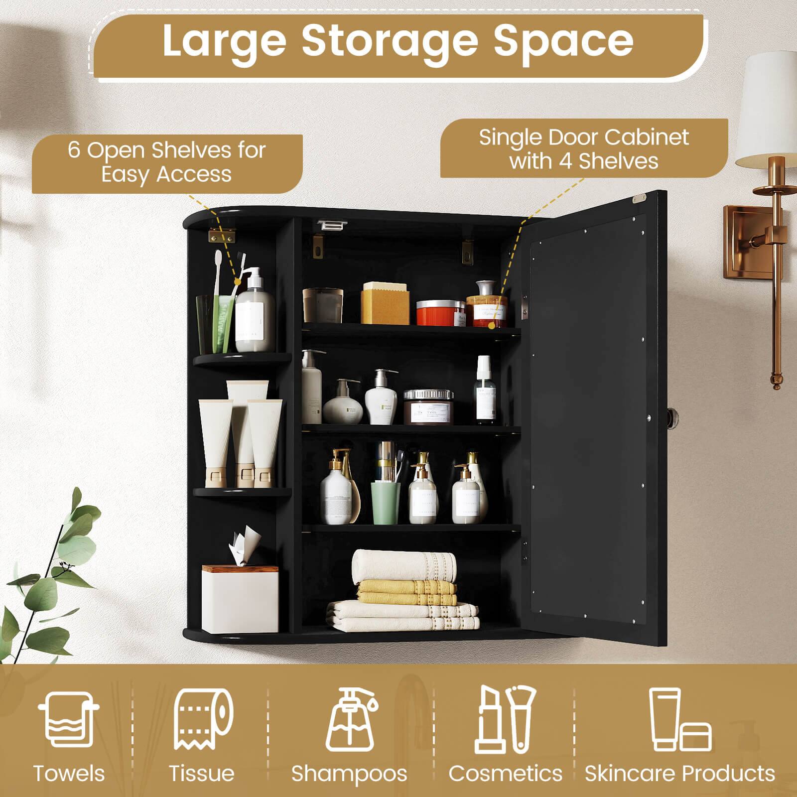 Large Storage Space  
6 Open Shelves for Easy Access  
Single Door Cabinet with 4 Shelves  
Towels, Tissue, Shampoos, Cosmetics, Skincare Products