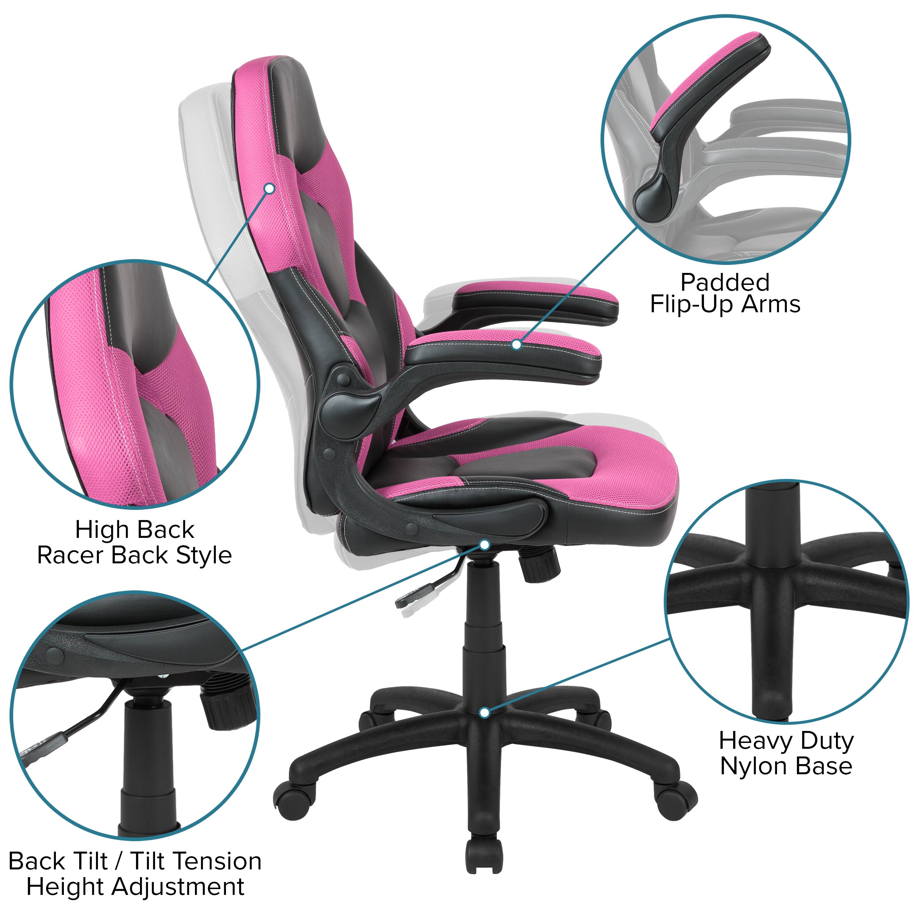 Padded Flip-Up Arms  
High Back Racer Back Style  
Heavy Duty Nylon Base  
Back Tilt / Tilt Tension Height Adjustment