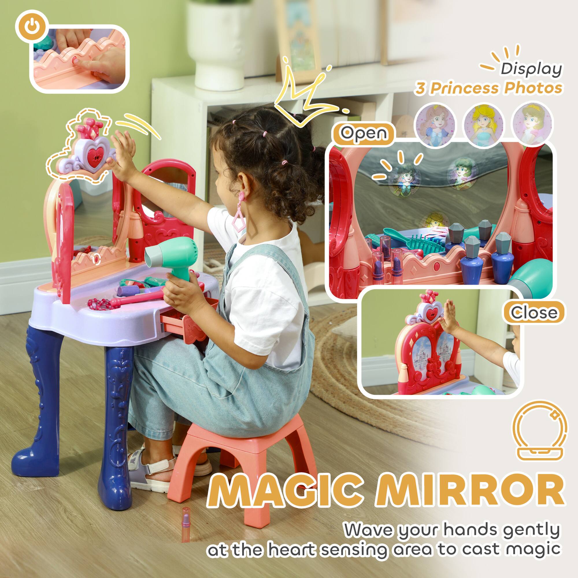 - Display 3 Princess Photos
- Open
- Close
- MAGIC MIRROR
- Wave your hands gently at the heart sensing area to cast magic