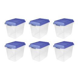 Hefty - 6 Pack 32 Quart Hi-Rise Stackable Plastic Storage Bin with Lid, Clear/Blue - Baja Blue
