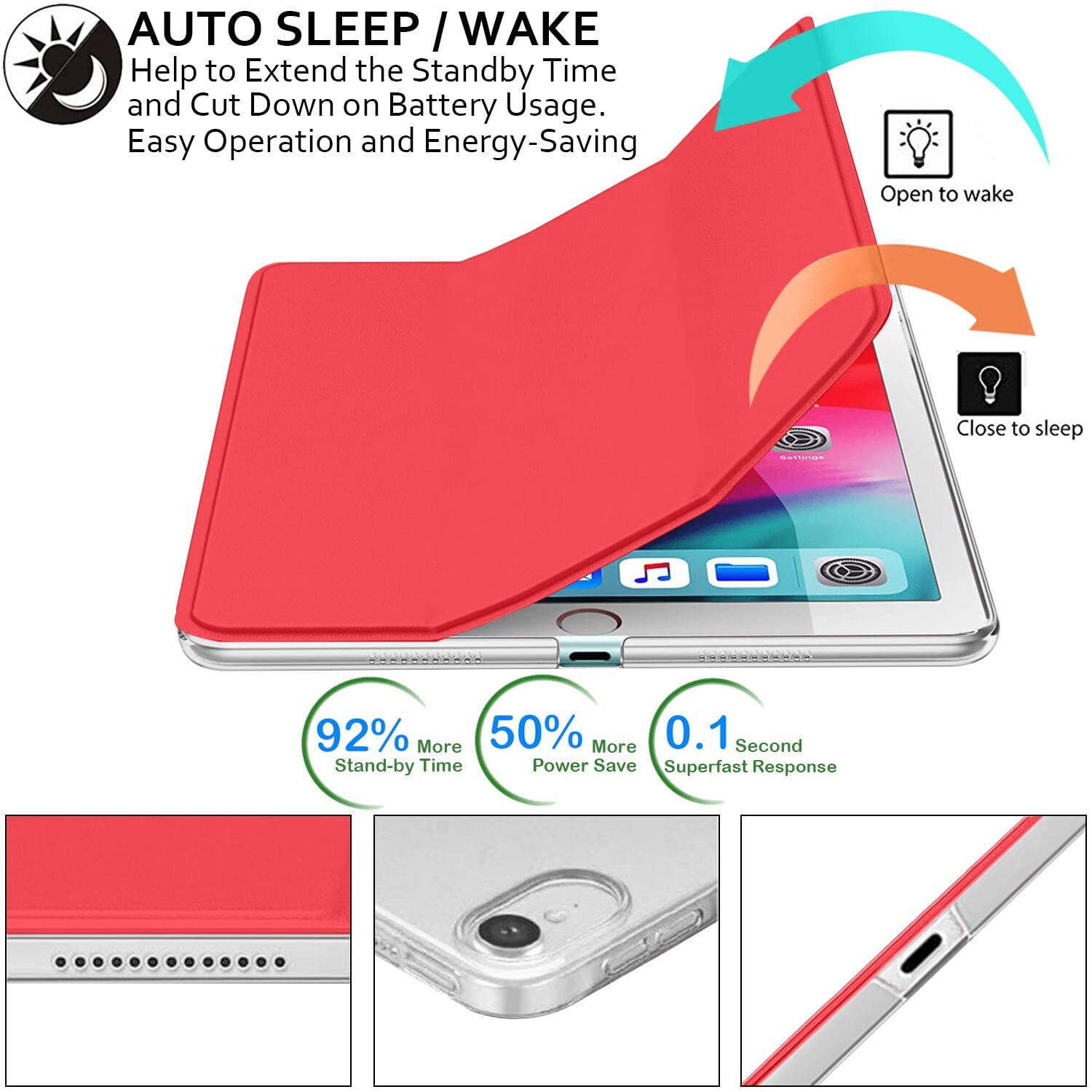 AUTO SLEEP / WAKE  
Help to Extend the Standby Time and Cut Down on Battery Usage.  
Easy Operation and Energy-Saving  

Open to wake  
Close to sleep  

92% More Stand-by Time  
50% More Power Save  
0.1 Second Superfast Response