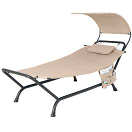 Costway - Patio Hanging Chaise Lounge Chair with Canopy, Cushion, Pillow & Storage Bag - Beige