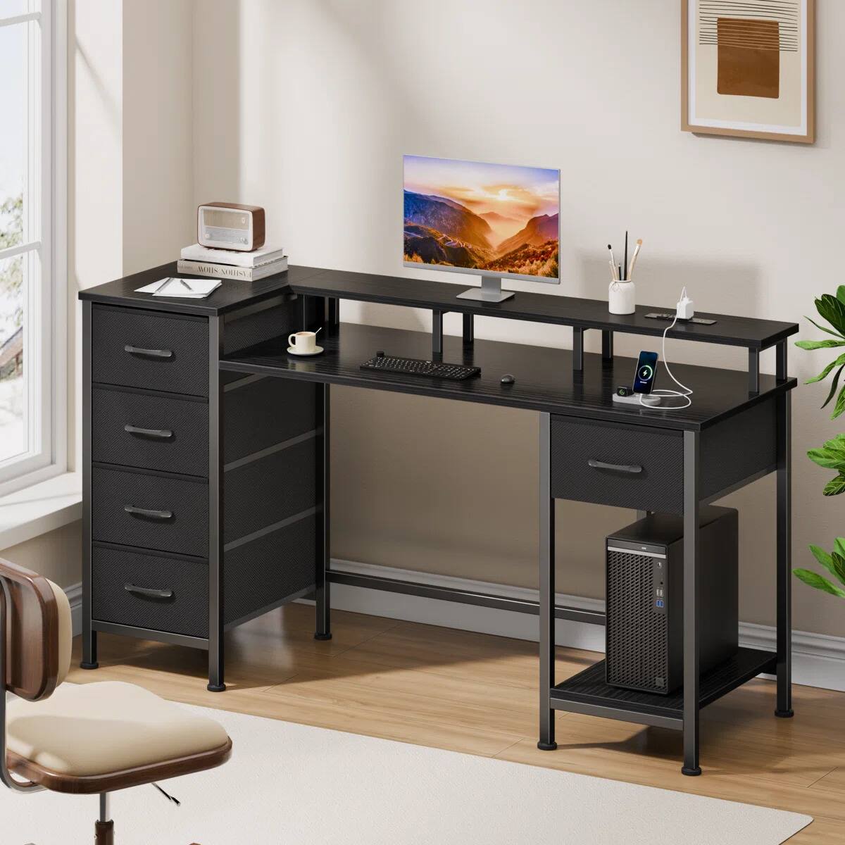 Alt View 1. Furnulem - 61 Inch Computer Desk with 5 Fabric Storage Drawers Gaming Desk with Power Outlets and LED Lights - Black.