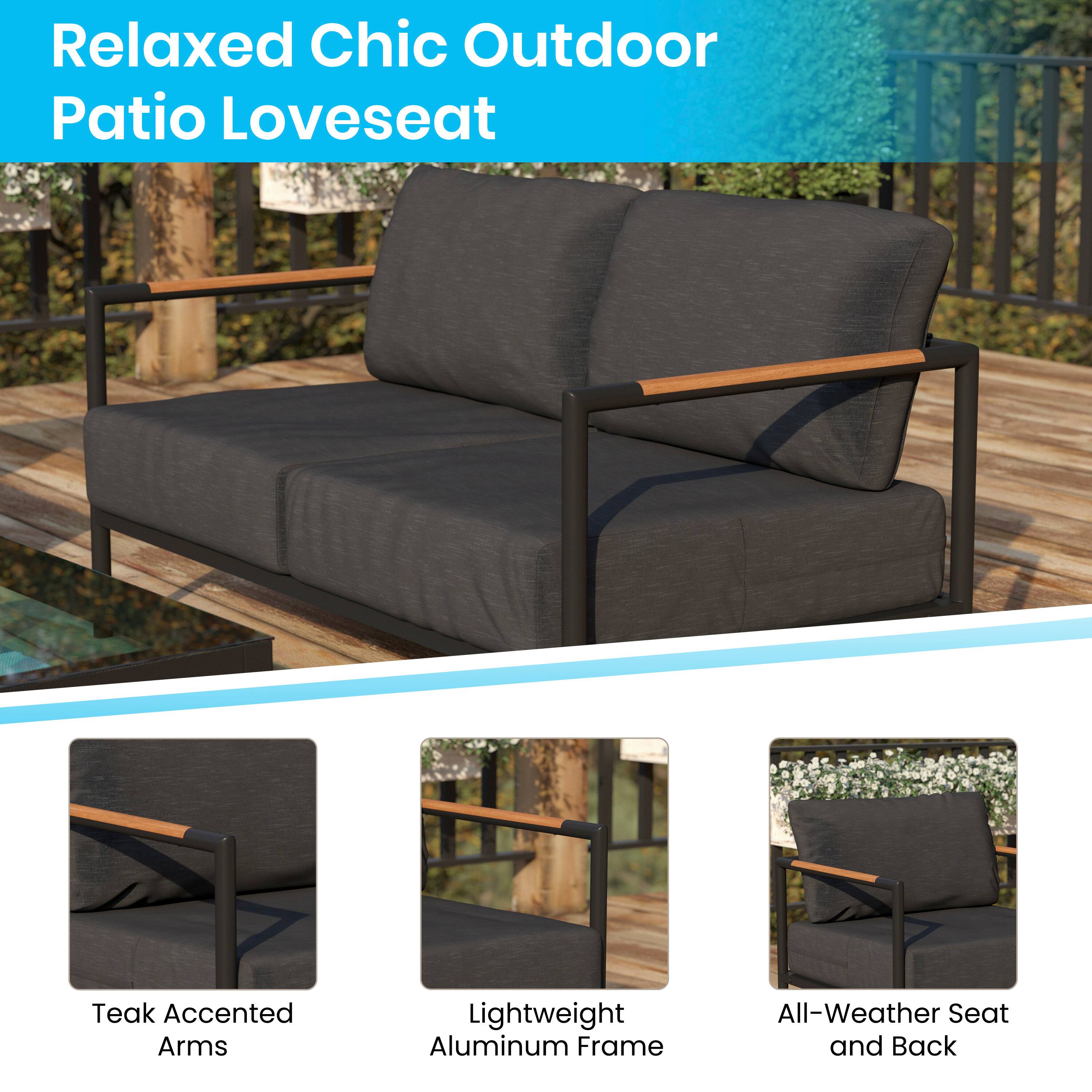 Relaxed Chic Outdoor Patio Loveseat

- Teak Accented Arms
- Lightweight Aluminum Frame
- All-Weather Seat and Back