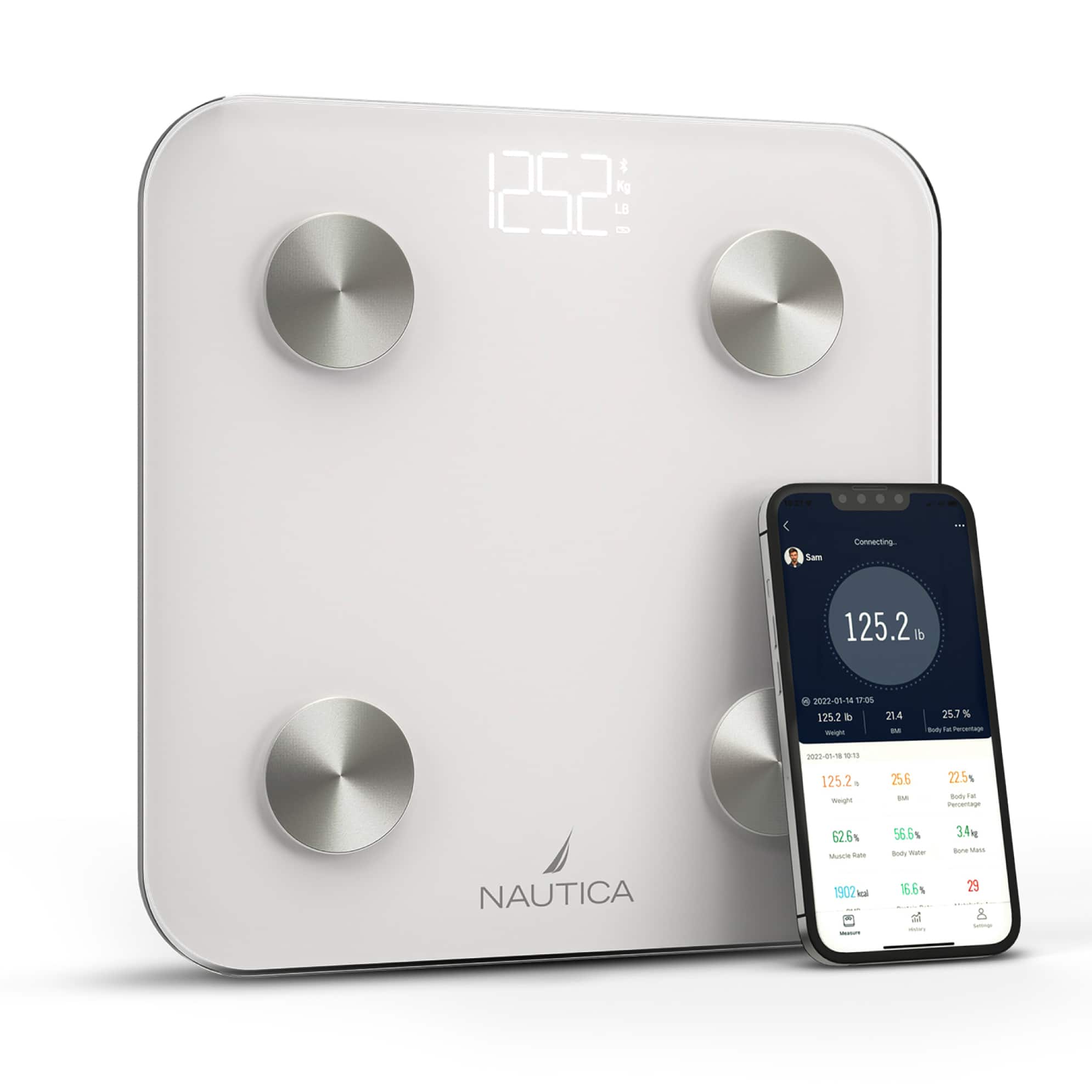 Nautica - Smart Body Scale, Fat, Muscle Mass Tracking & More, Syncs with Smartphone for Body Composition Tracking, 396 Lbs - White
