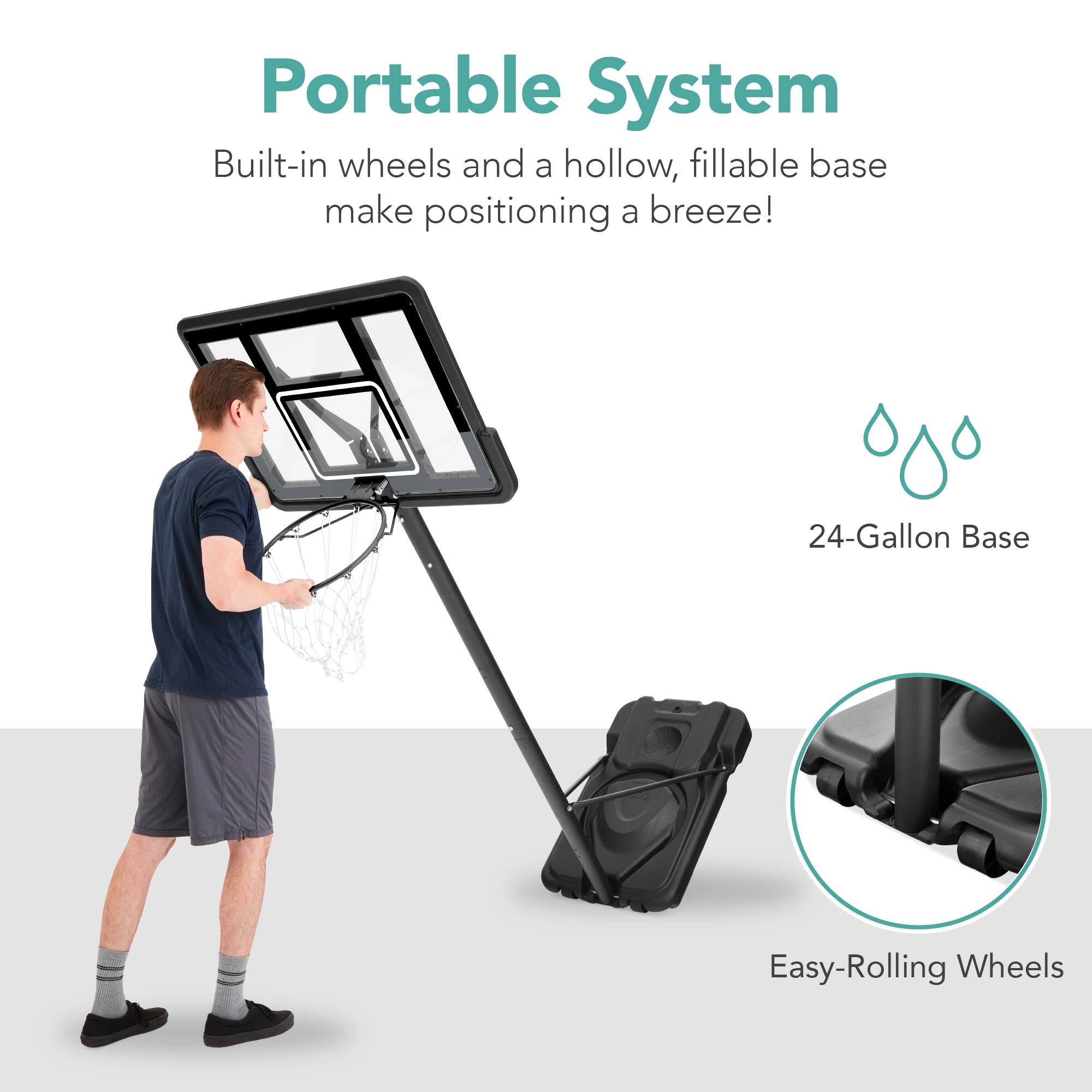 Portable System

Built-in wheels and a hollow, fillable base make positioning a breeze!

24-Gallon Base

Easy-Rolling Wheels