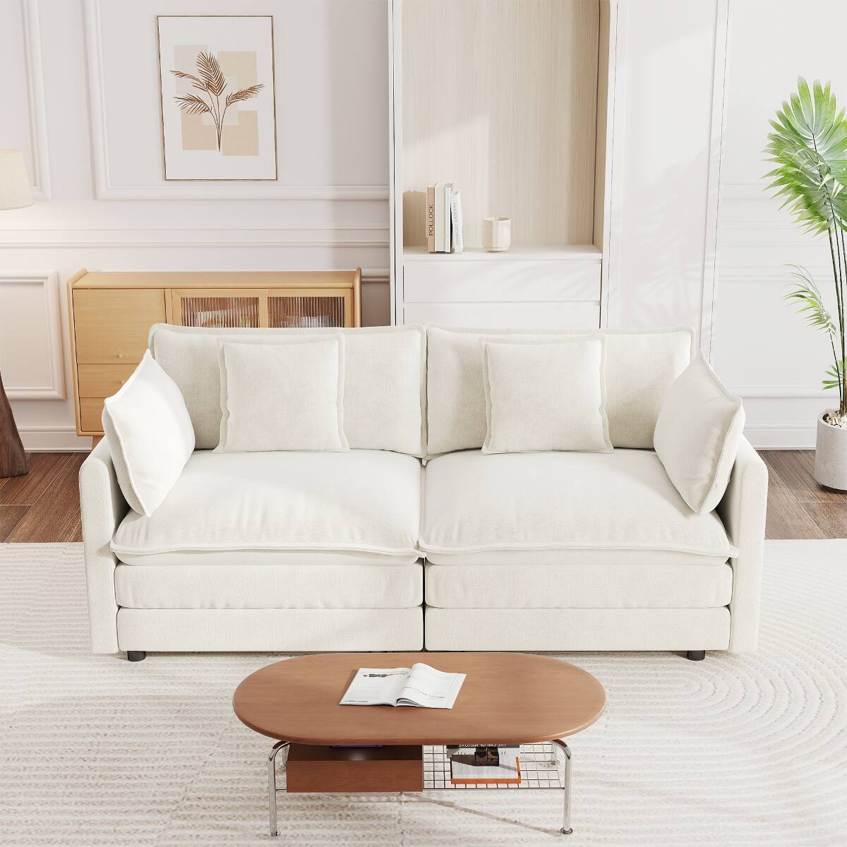 Front. Ropilly - Ropilly White Chenille Loveseat, Modern Fabric Loveseat Couch with Deep Seat and 4 Pillows - White.