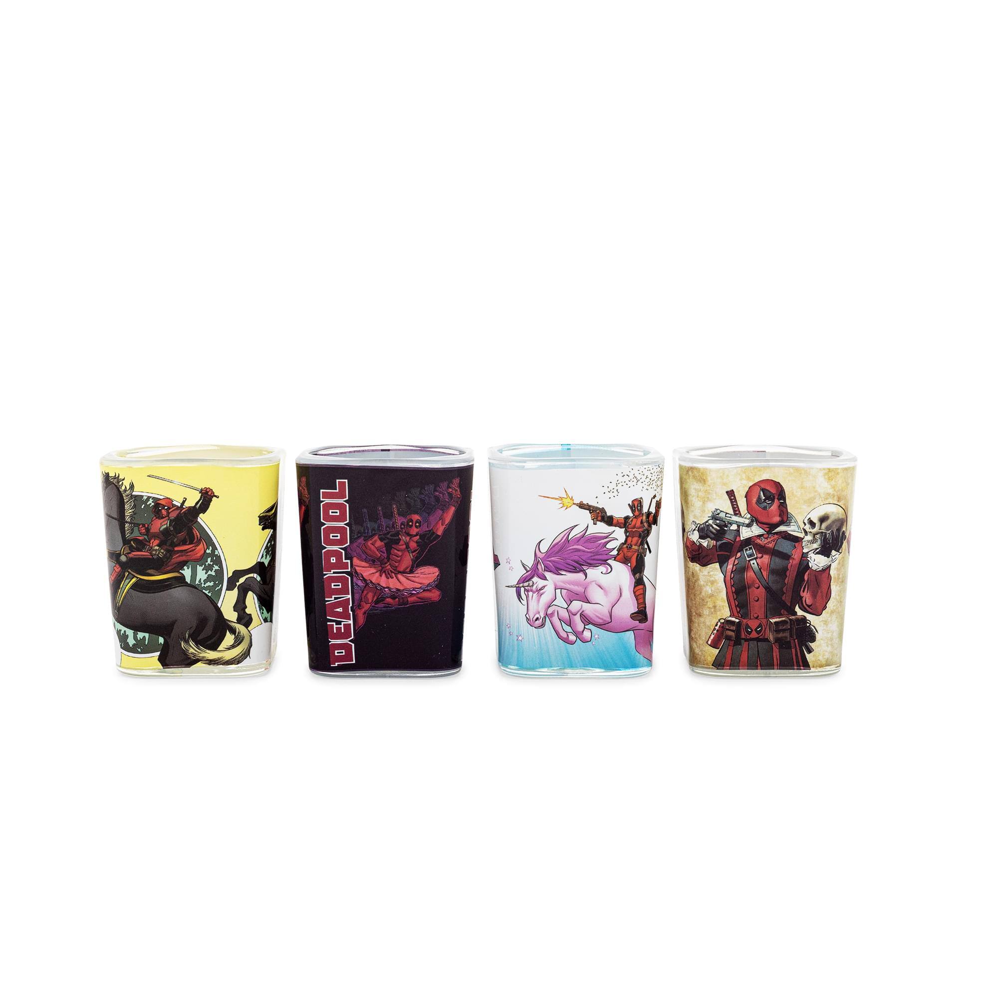 Front. Marvel - Marvel Deadpool 2-Ounce Mini Shot Glasses | Set of 4 - Multicolored.