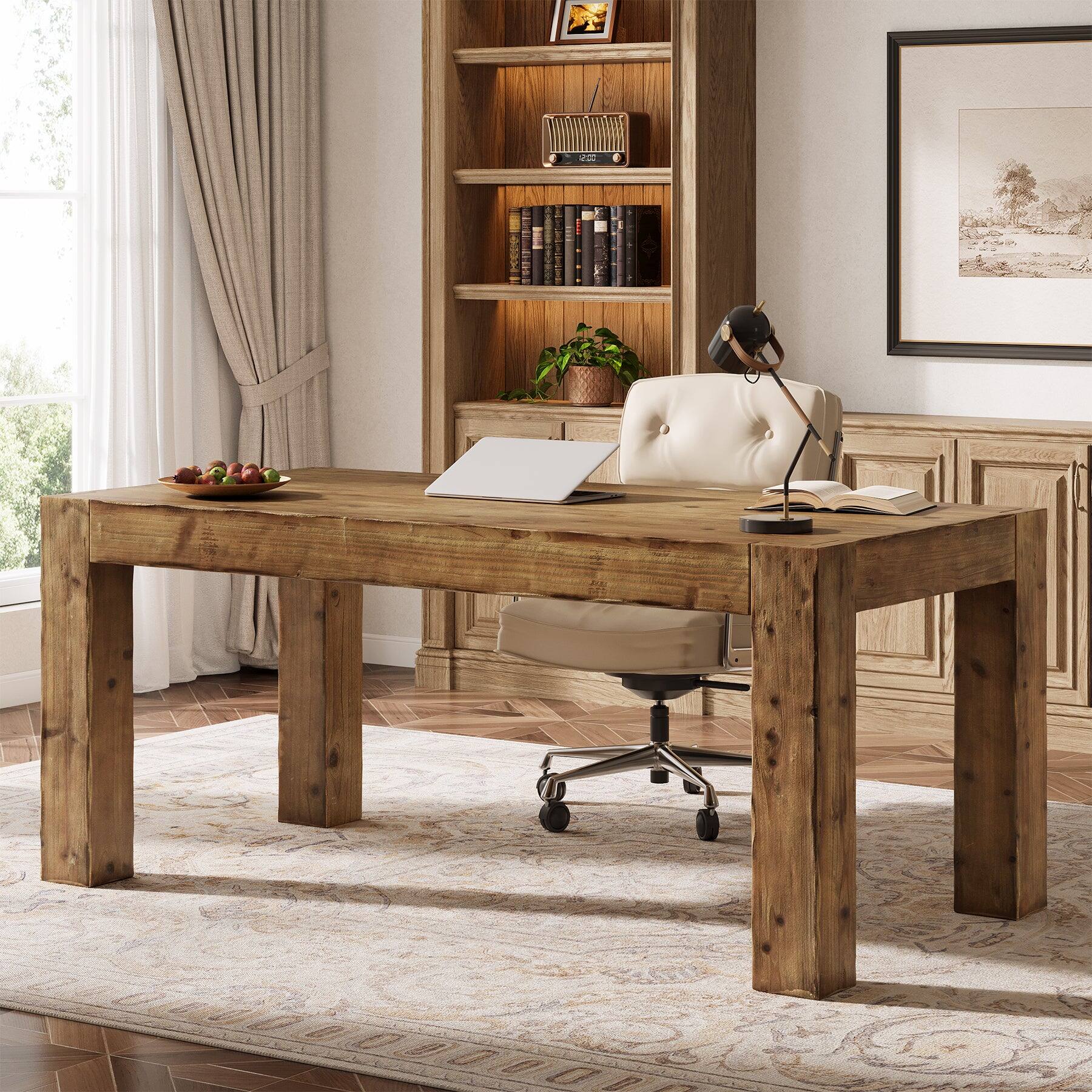 Back. Tribesigns - Office Executive Desk with Solid Wood Construction, for Computer Work and Writing in Home Offices - Brown.