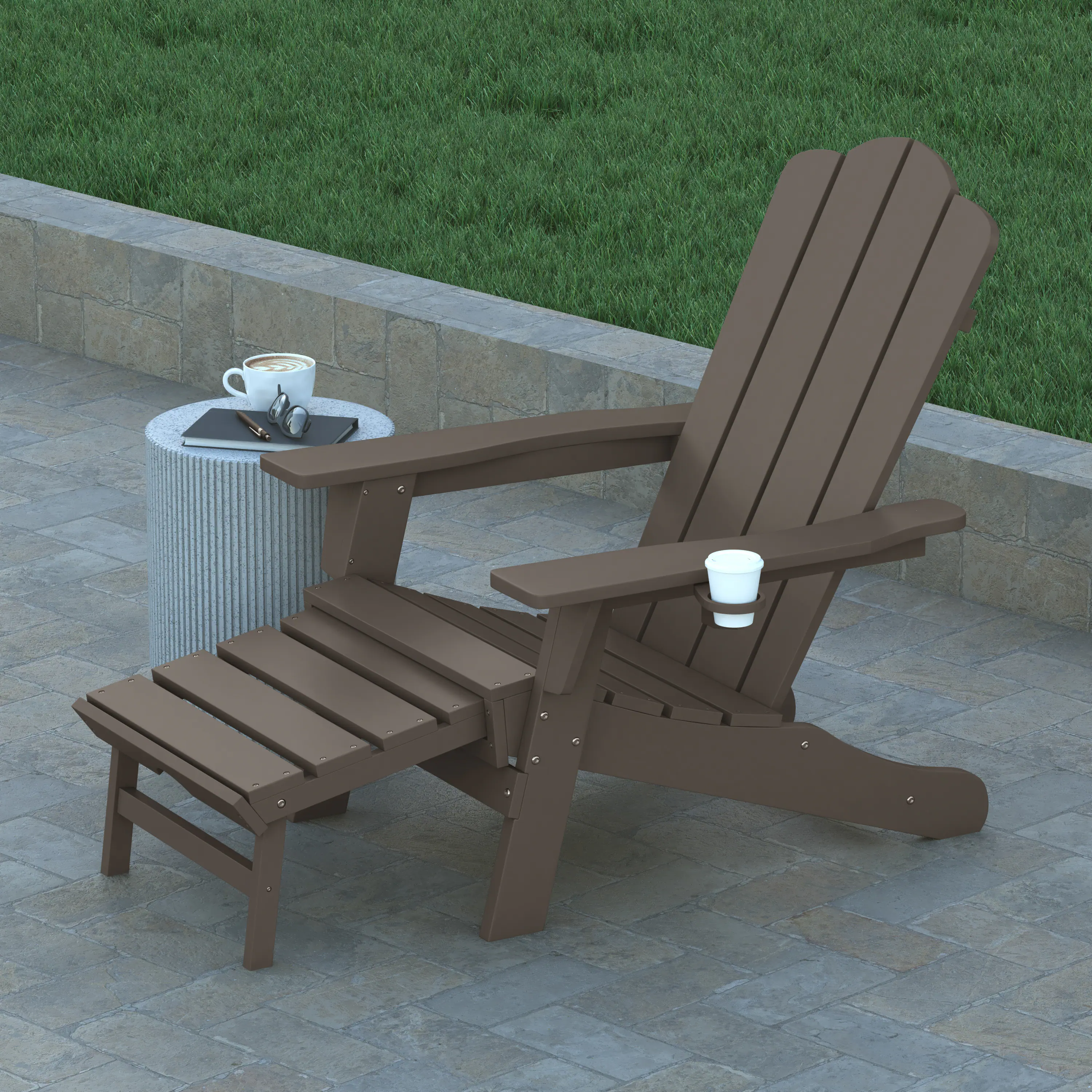 Alt View 3. Emma + Oliver - Tiverton Adirondack Chair with Cup Holder and Pull Out Ottoman, All-Weather HDPE Indoor/Outdoor Lounge Chair - Brown.