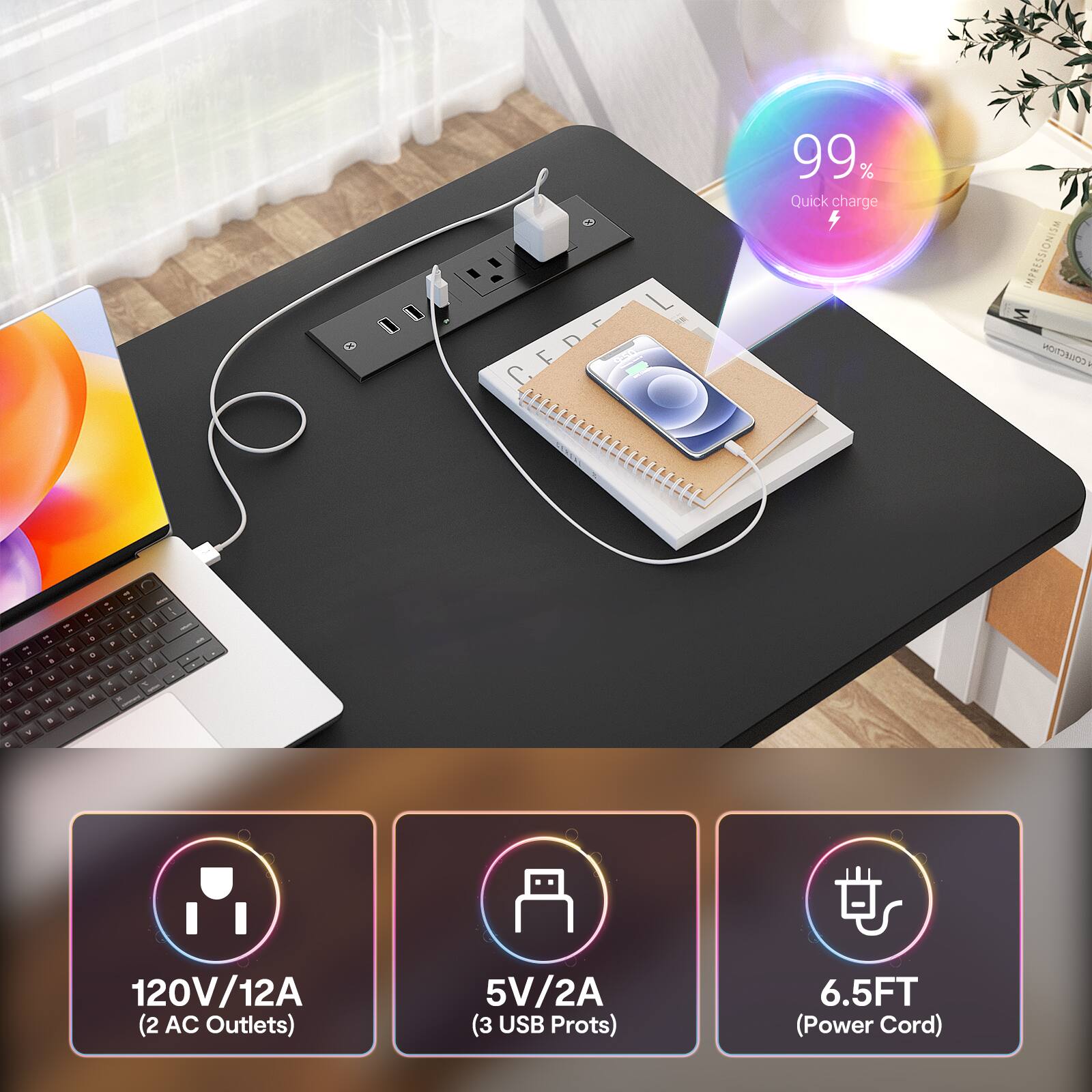 99% Quick charge

INDISSTREN M COLLECTION

120V/12A (2 AC Outlets)
5V/2A (3 USB Ports)
6.5FT (Power Cord)