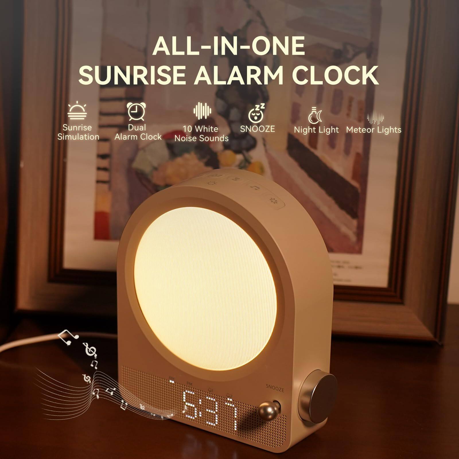 ALL-IN-ONE SUNRISE ALARM CLOCK

- Sunrise Simulation
- Dual Alarm Clock
- 10 White Noise Sounds
- SNOOZE
- Night Light
- Meteor Lights