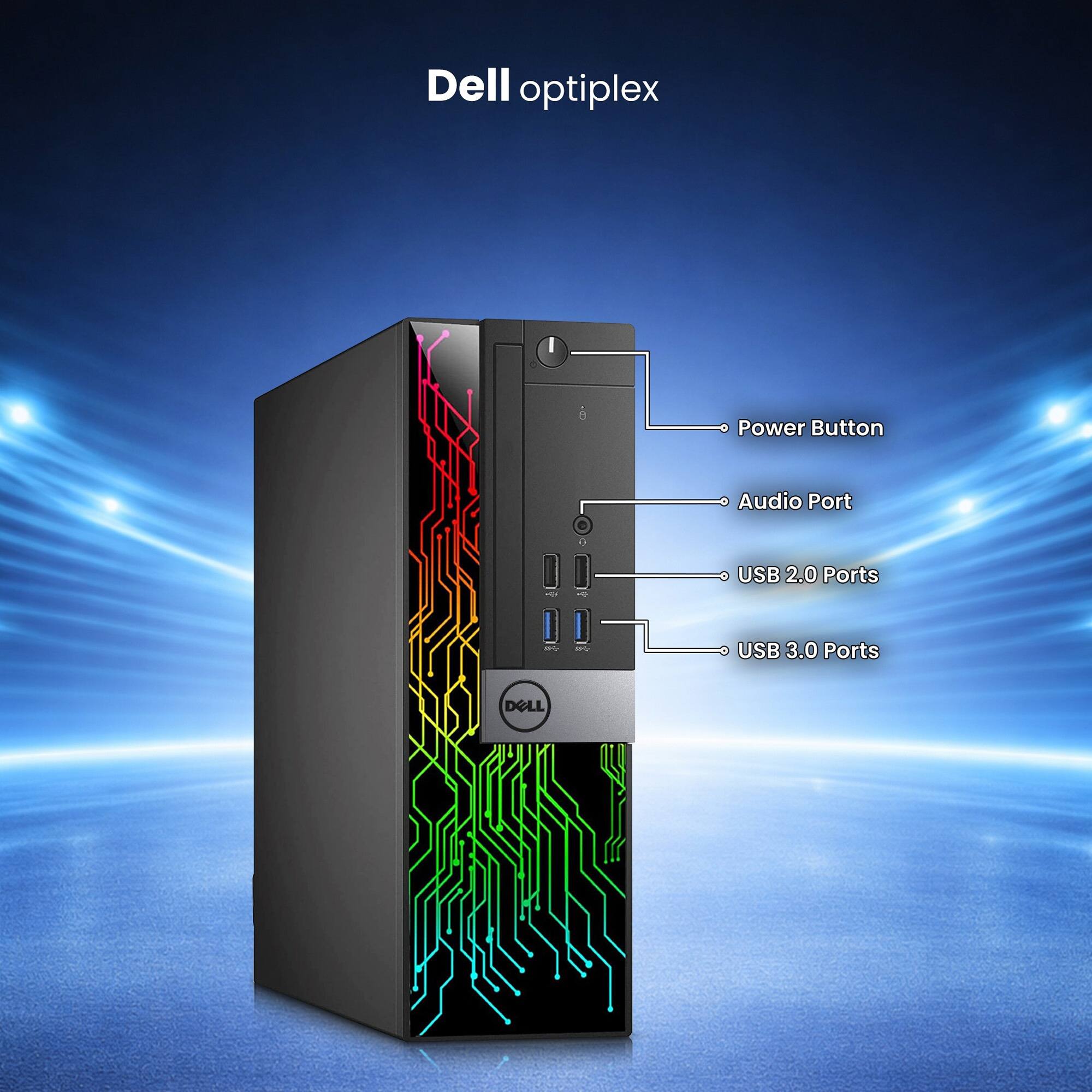 Dell optiplex

- Power Button
- Audio Port
- USB 2.0 Ports
- USB 3.0 Ports