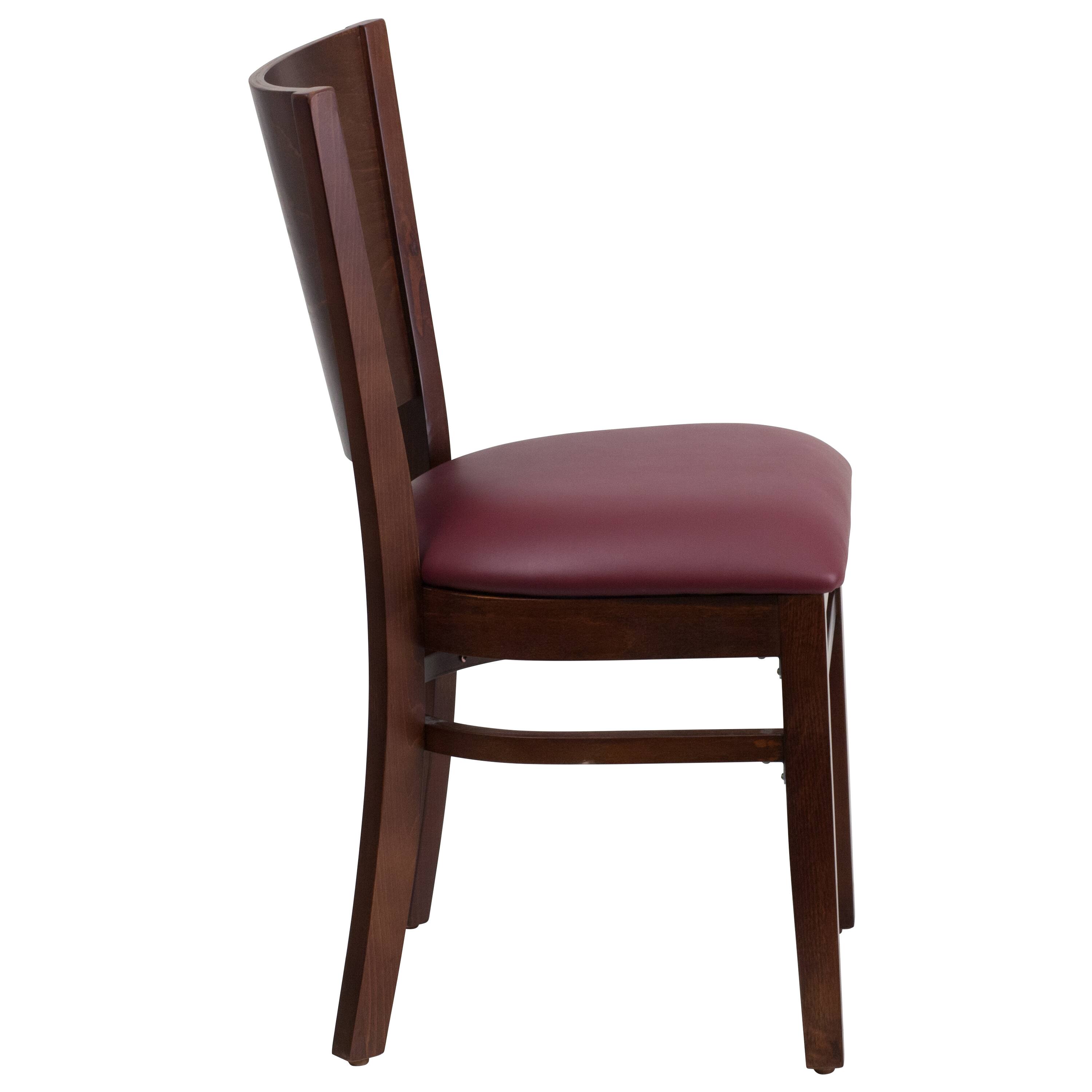 Alt View 6. Emma + Oliver - Solid Back Wooden Restaurant Dining Chair - Burgundy Vinyl Seat/Walnut Wood Frame.