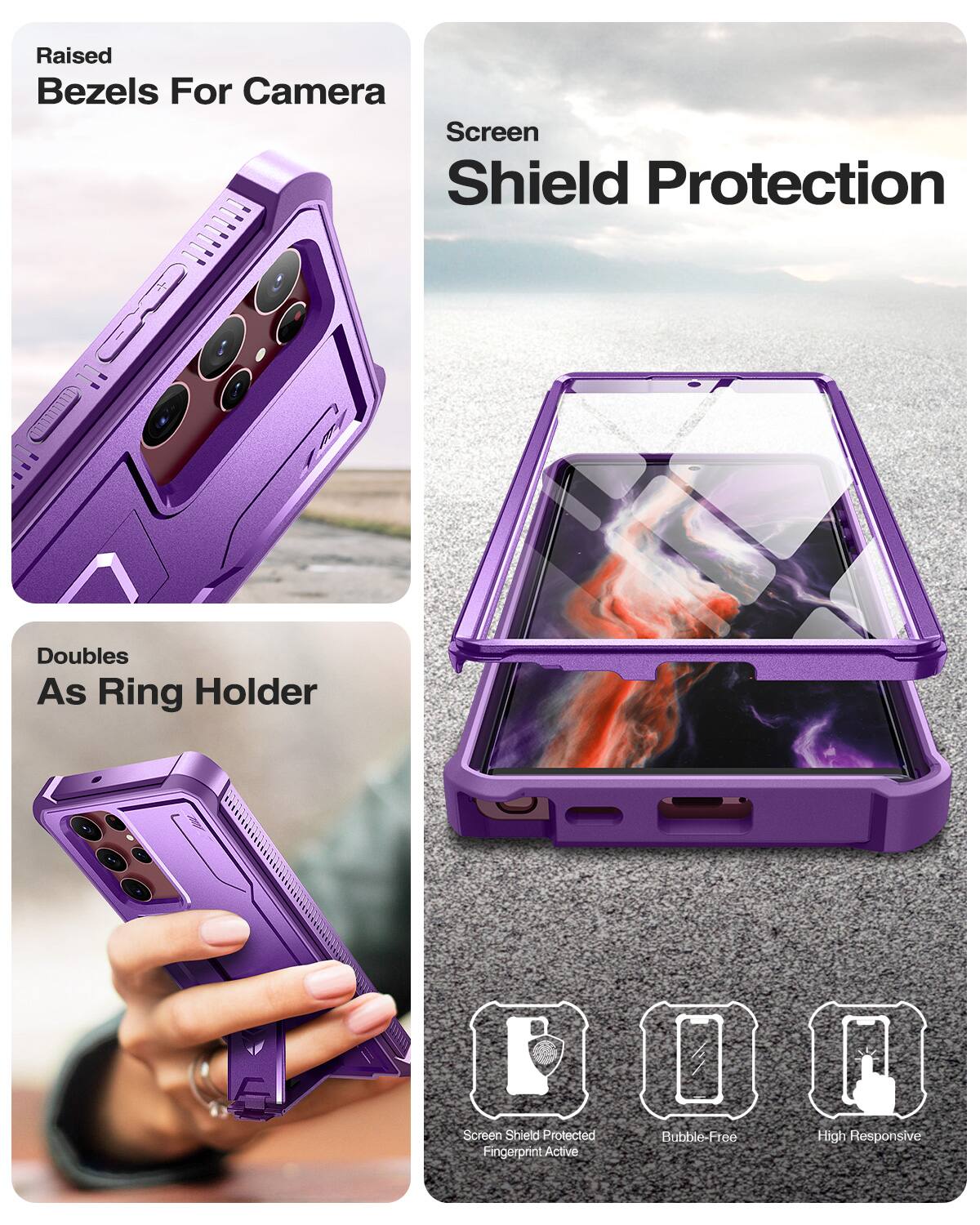 Raised Bezels For Camera, Screen Shield Protection, Doubles As Ring Holder, Screen Shield Protected, Fingerprint Active, Bubble-Free, High Responsive