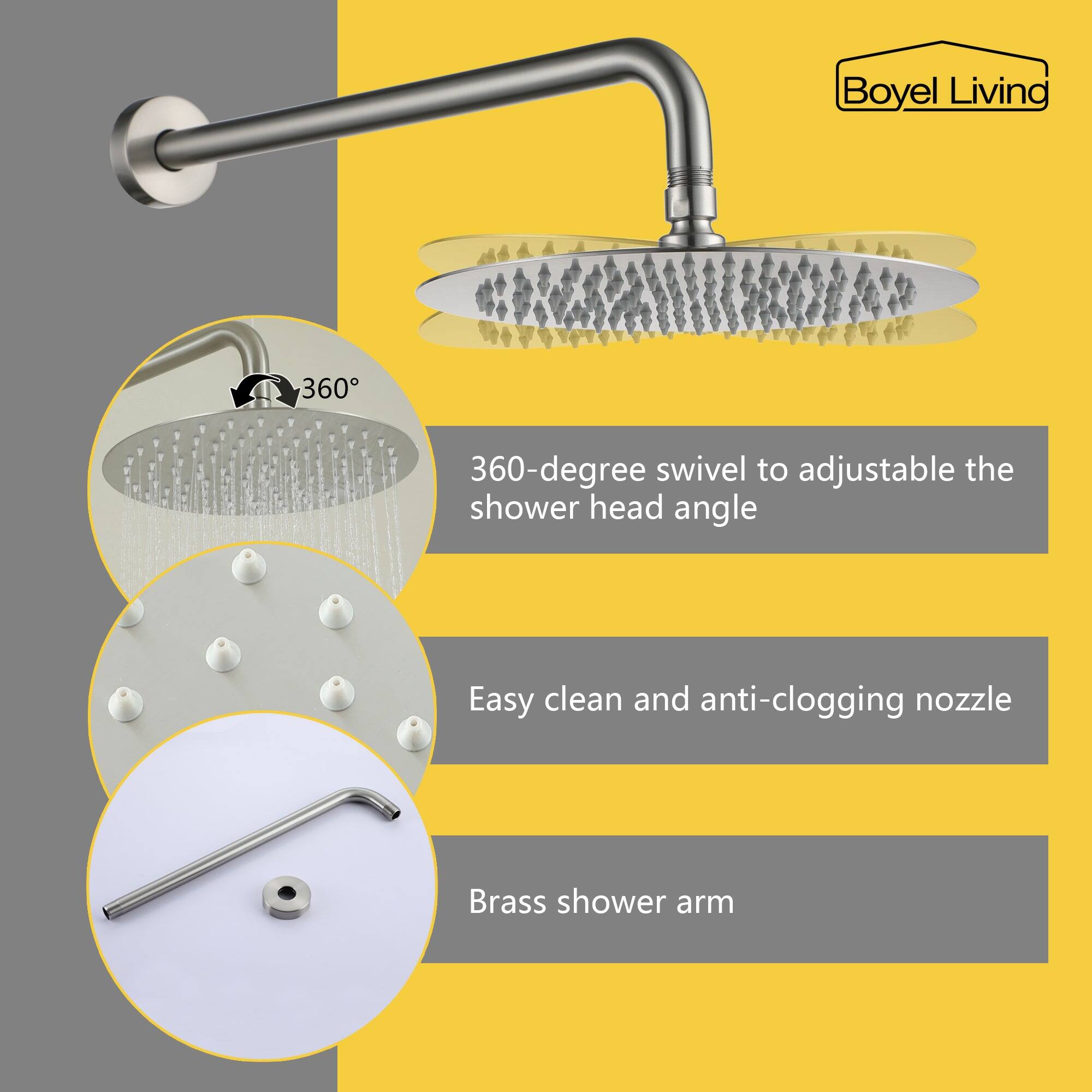 Boyel Living 360-degree swivel to adjustable the shower head angle, Easy clean and anti-clogging nozzle, Brass shower arm
